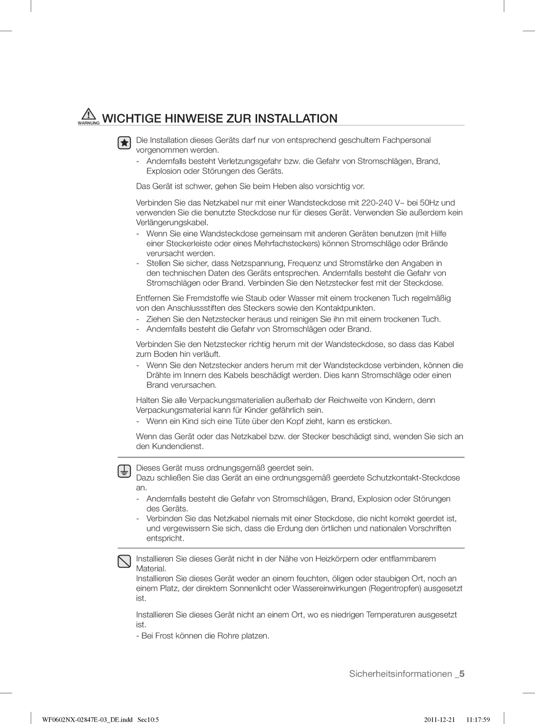 Samsung WF0602AUWG/XEG manual Warnung Wichtige Hinweise ZUR Installation 