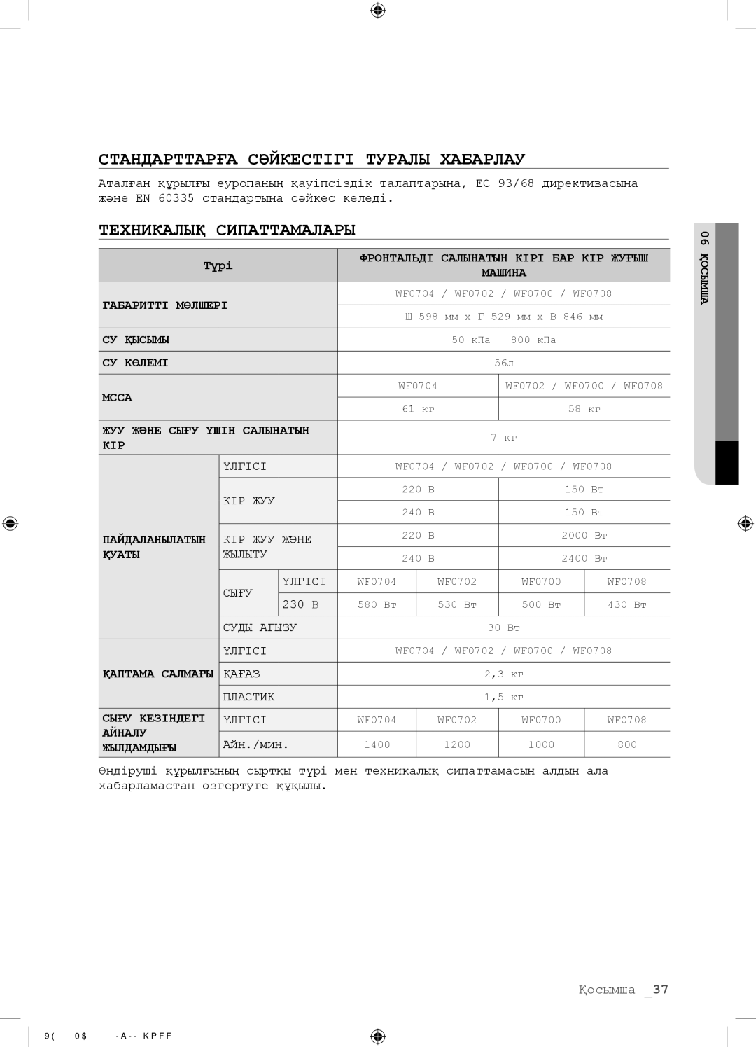 Samsung WF0702NBF/YLP, WF0602NBE/YLP manual Стандарттарға Сəйкестігі Туралы Хабарлау, Техникалық Сипаттамалары, Түрі 