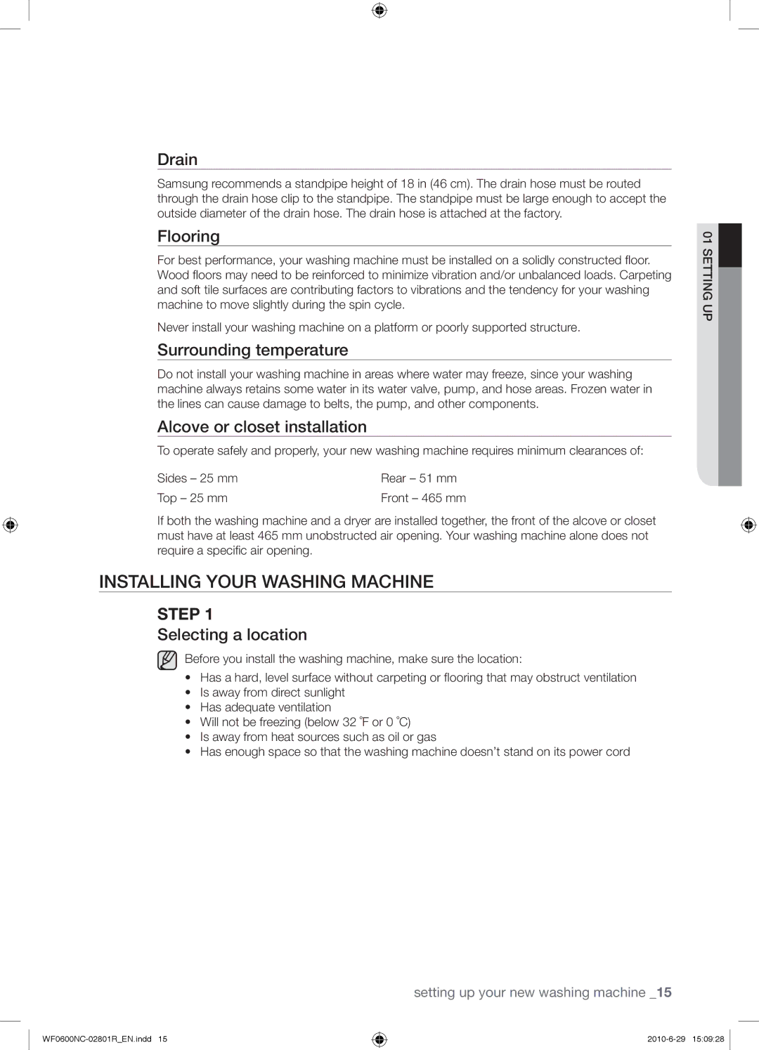 Samsung WF0602NCE/YLE manual Installing Your Washing Machine 