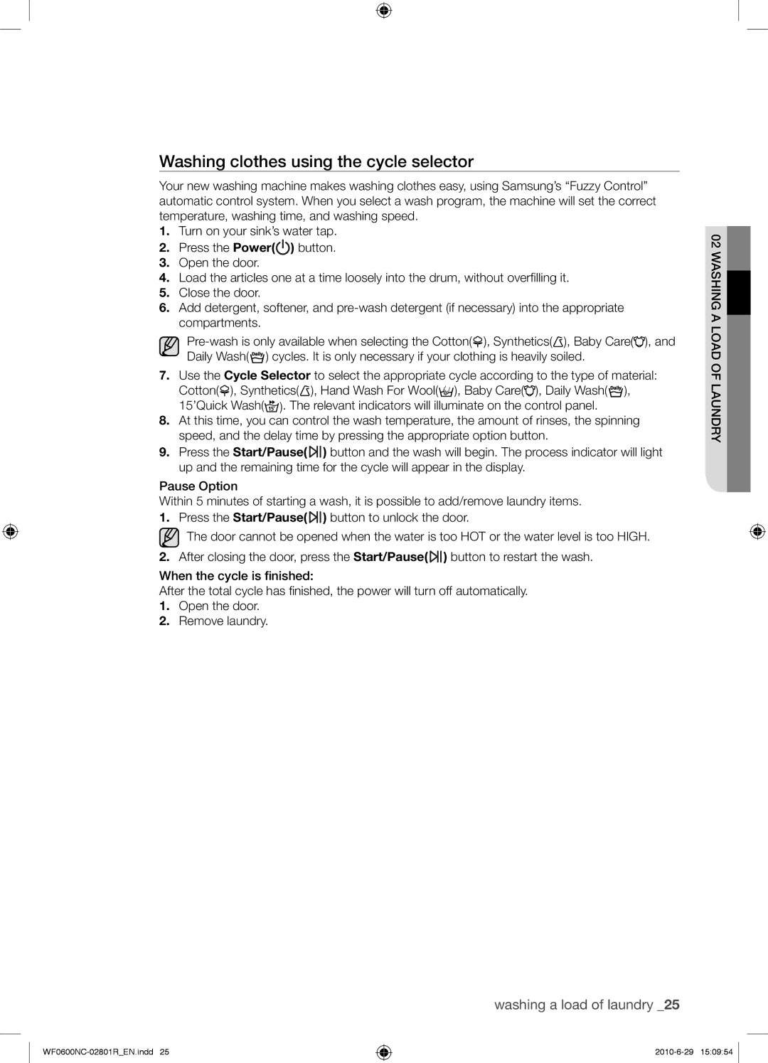 Samsung WF0602NCE/YLE manual Washing clothes using the cycle selector 