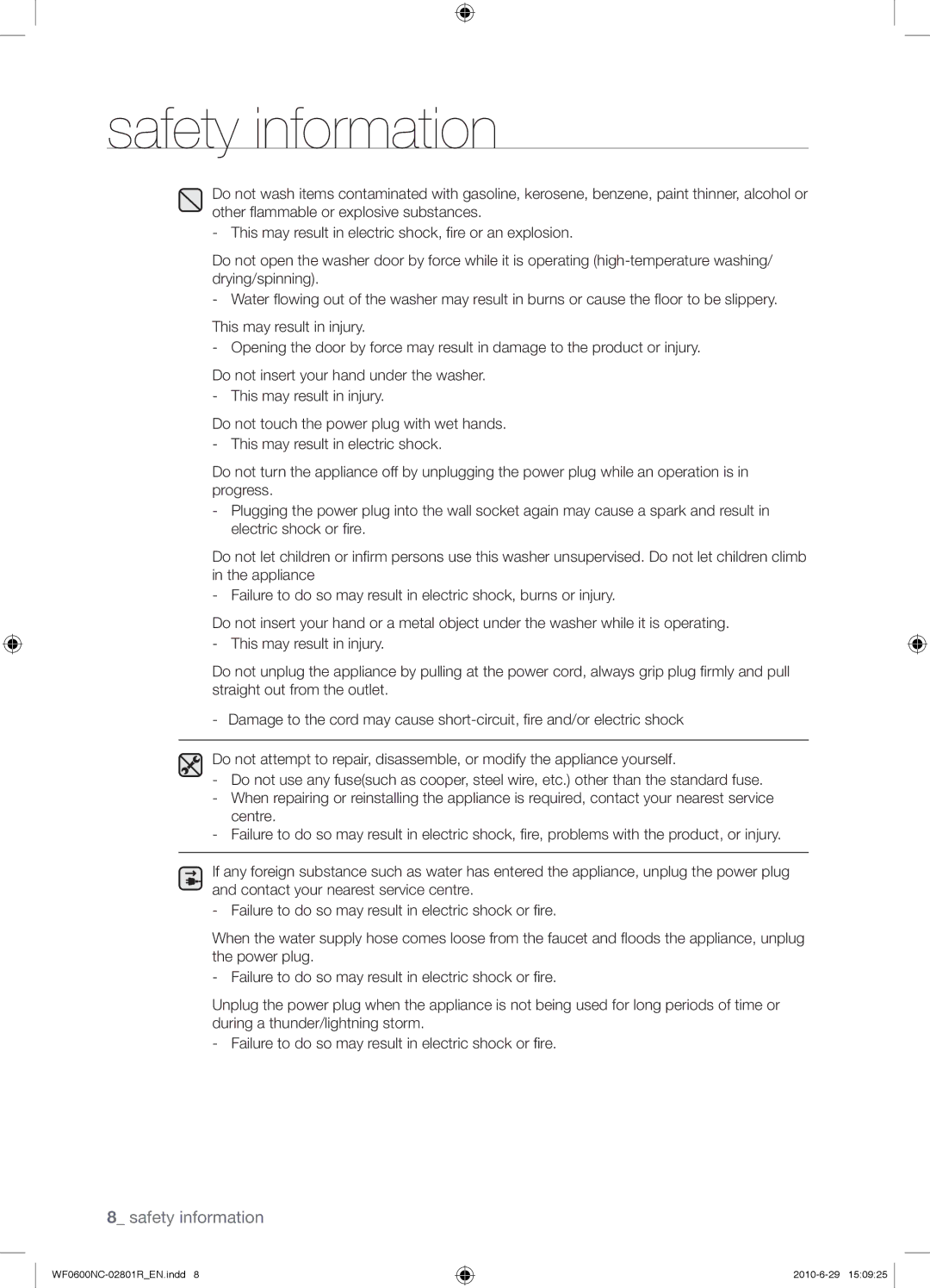 Samsung WF0602NCE/YLE manual Safety information 