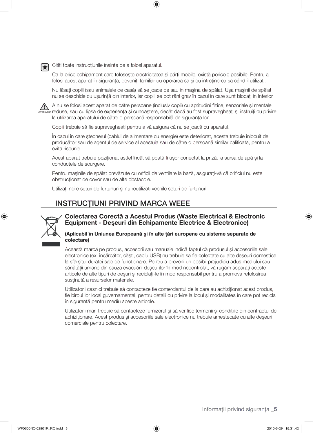 Samsung WF0602NCE/YLE manual Instrucţiuni Privind Marca Weee, Citiţi toate instrucţiunile înainte de a folosi aparatul 