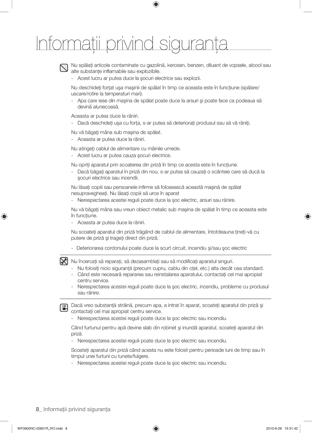 Samsung WF0602NCE/YLE manual Informaţii privind siguranţa 