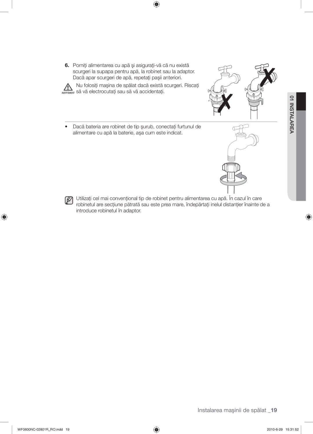 Samsung WF0602NCE/YLE manual Instalarea maşinii de spălat 