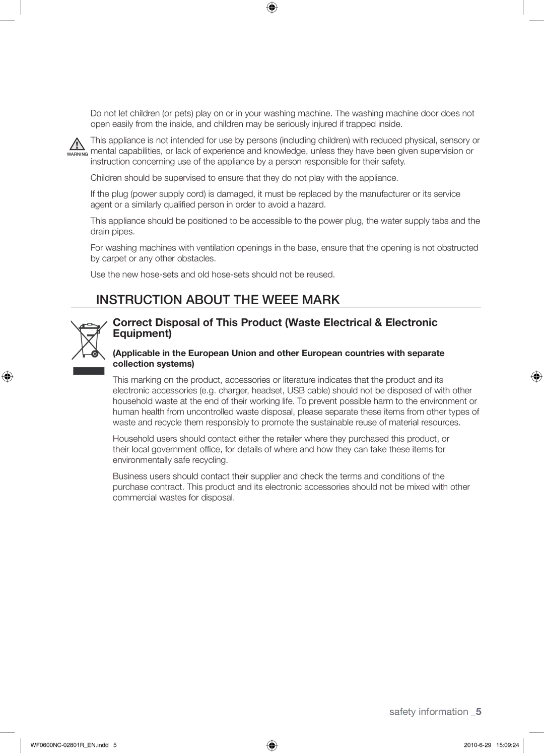 Samsung WF0602NCE/YLE manual Instruction about the Weee Mark 