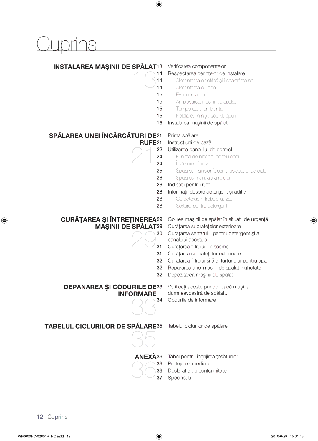 Samsung WF0602NCE/YLE manual Cuprins 