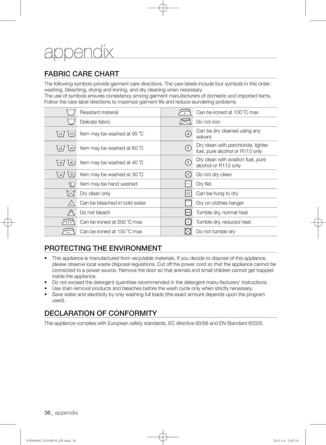 Samsung WF0602NCW/YKJ, WF0600NCW/YKJ Appendix, Fabric care chart, Protecting the environment, Declaration of conformity 