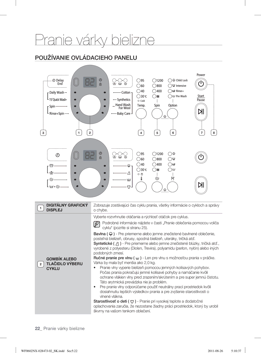 Samsung WF0602NUV/XEO manual Používanie Ovládacieho Panelu, Digitálny Grafický, Gombík Alebo, Tlačidlo Výberu, Cyklu 