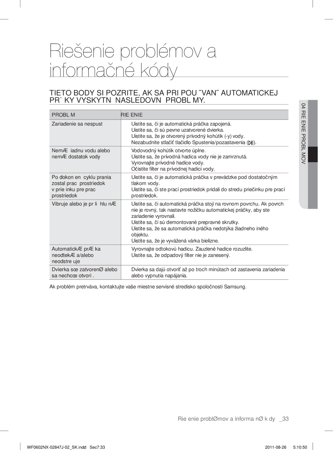 Samsung WF0600NXW/XEO, WF0602NUV/XEO, WF0600NXW/XEP manual Riešenie problémov a informačné kódy, Problém Riešenie 