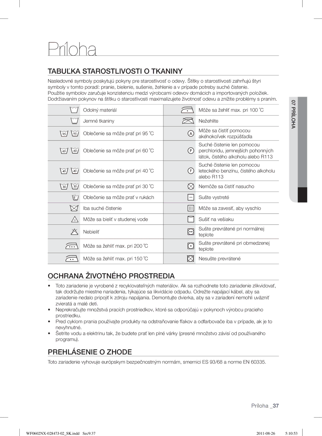 Samsung WF0602NUV/XEO manual Príloha, Tabuľka Starostlivosti O Tkaniny, Ochrana Životného Prostredia, Prehlásenie O Zhode 