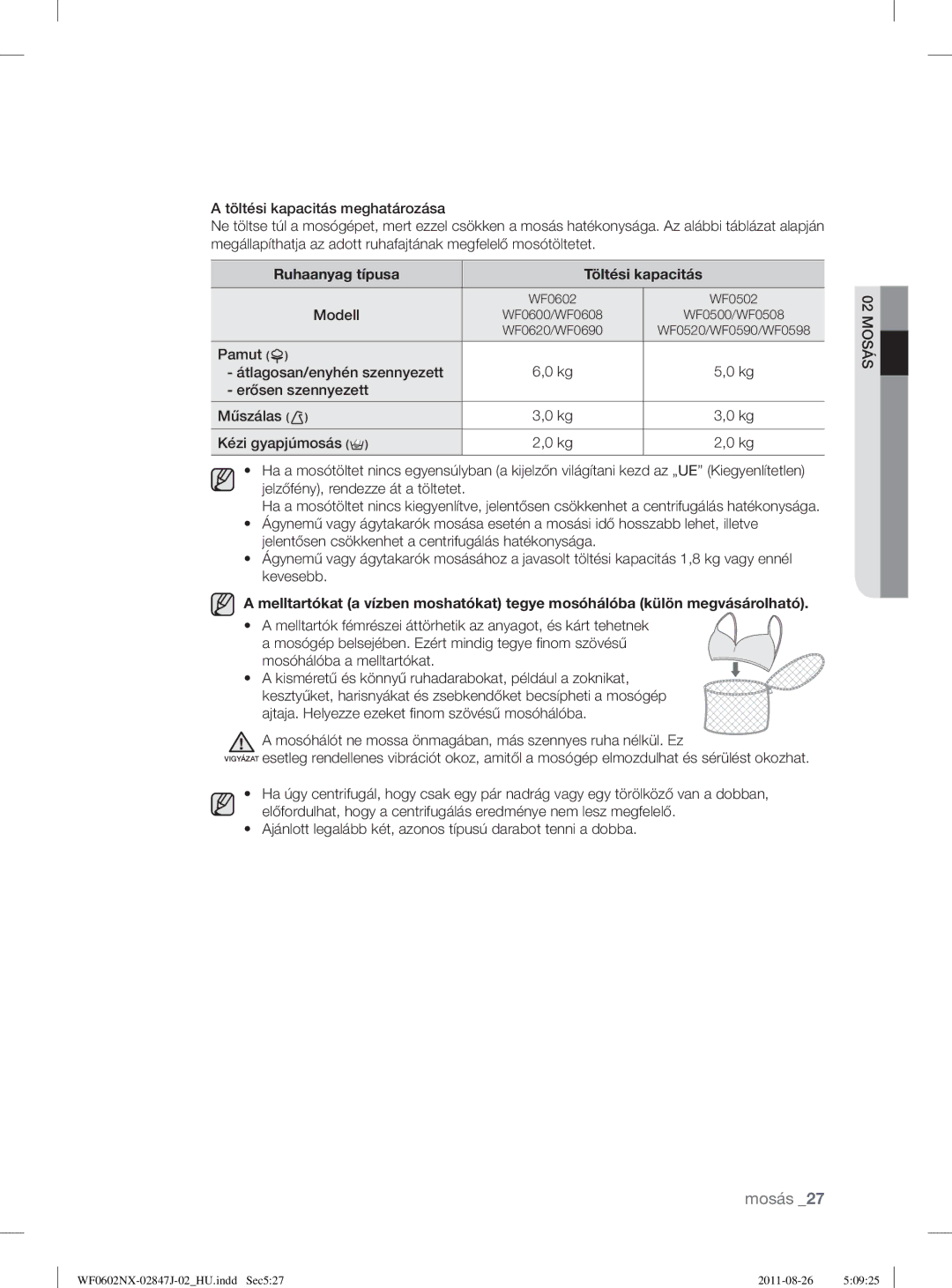 Samsung WF0602NUV/XEO manual Pamut, Mosóhálóba a melltartókat, Ajánlott legalább két, azonos típusú darabot tenni a dobba 