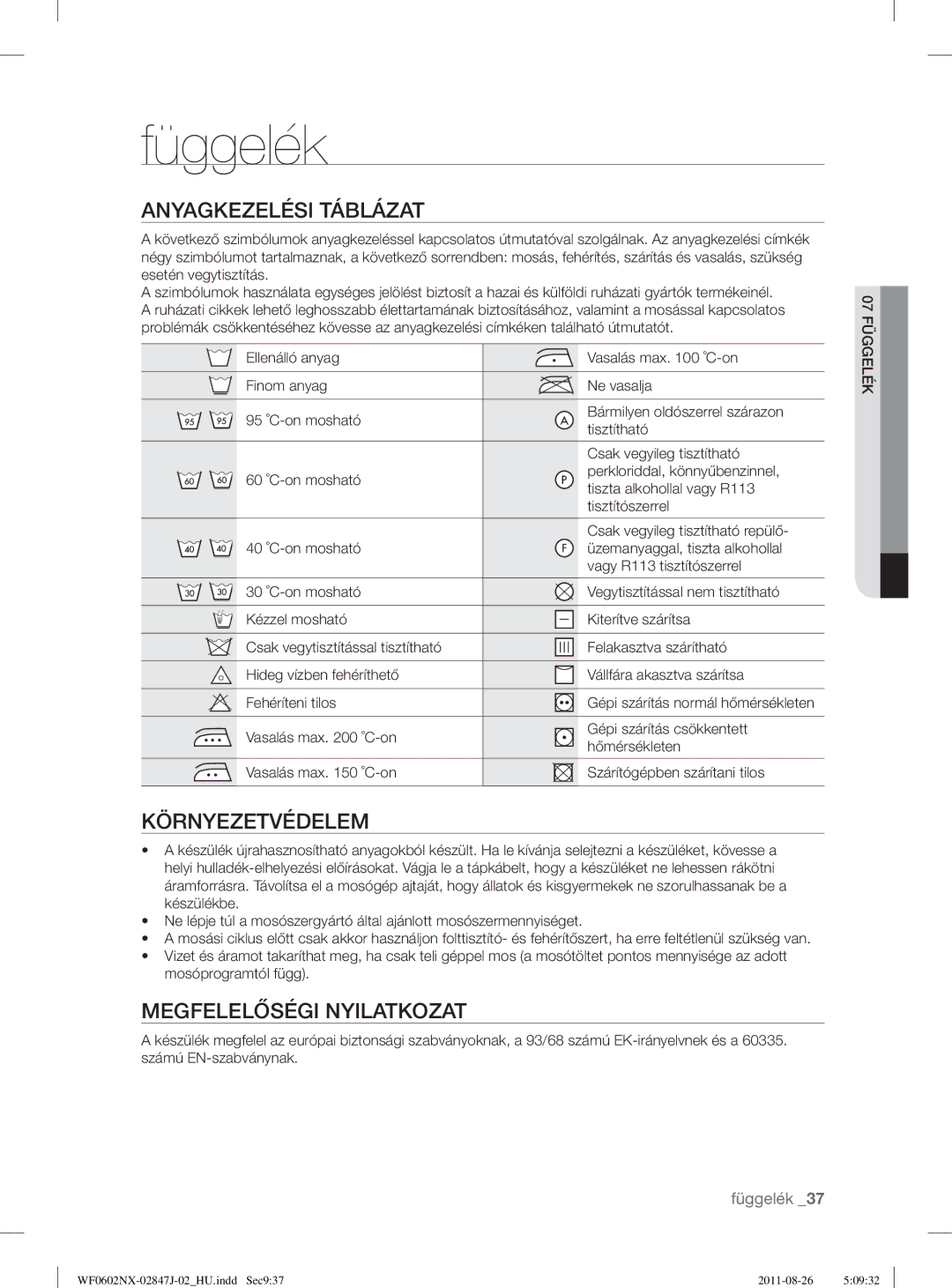 Samsung WF0600NXW/XEP, WF0602NUV/XEO manual Függelék, Anyagkezelési Táblázat, Környezetvédelem, Megfelelőségi Nyilatkozat 