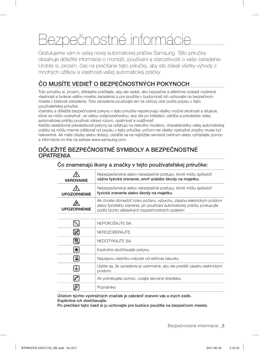 Samsung WF0600NXW/XEO, WF0602NUV/XEO, WF0600NXW/XEP Bezpečnostné informácie, ČO Musíte Vedieť O Bezpečnostných Pokynoch 