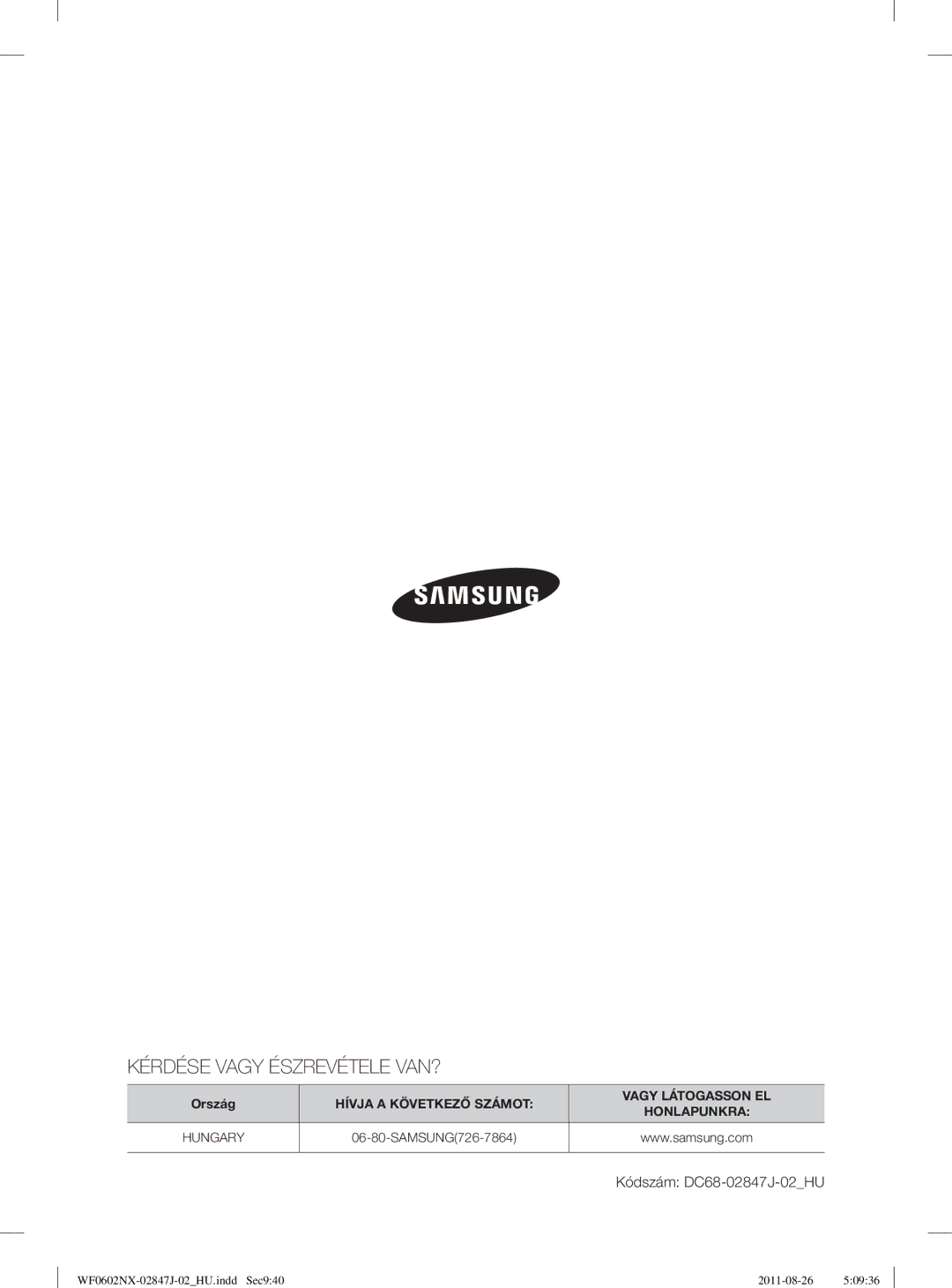 Samsung WF0600NXW/XEO, WF0602NUV/XEO, WF0602NXW/XEO, WF0600NXW/XEP, WF0508NXWG/XEO manual Kérdése Vagy Észrevétele VAN? 