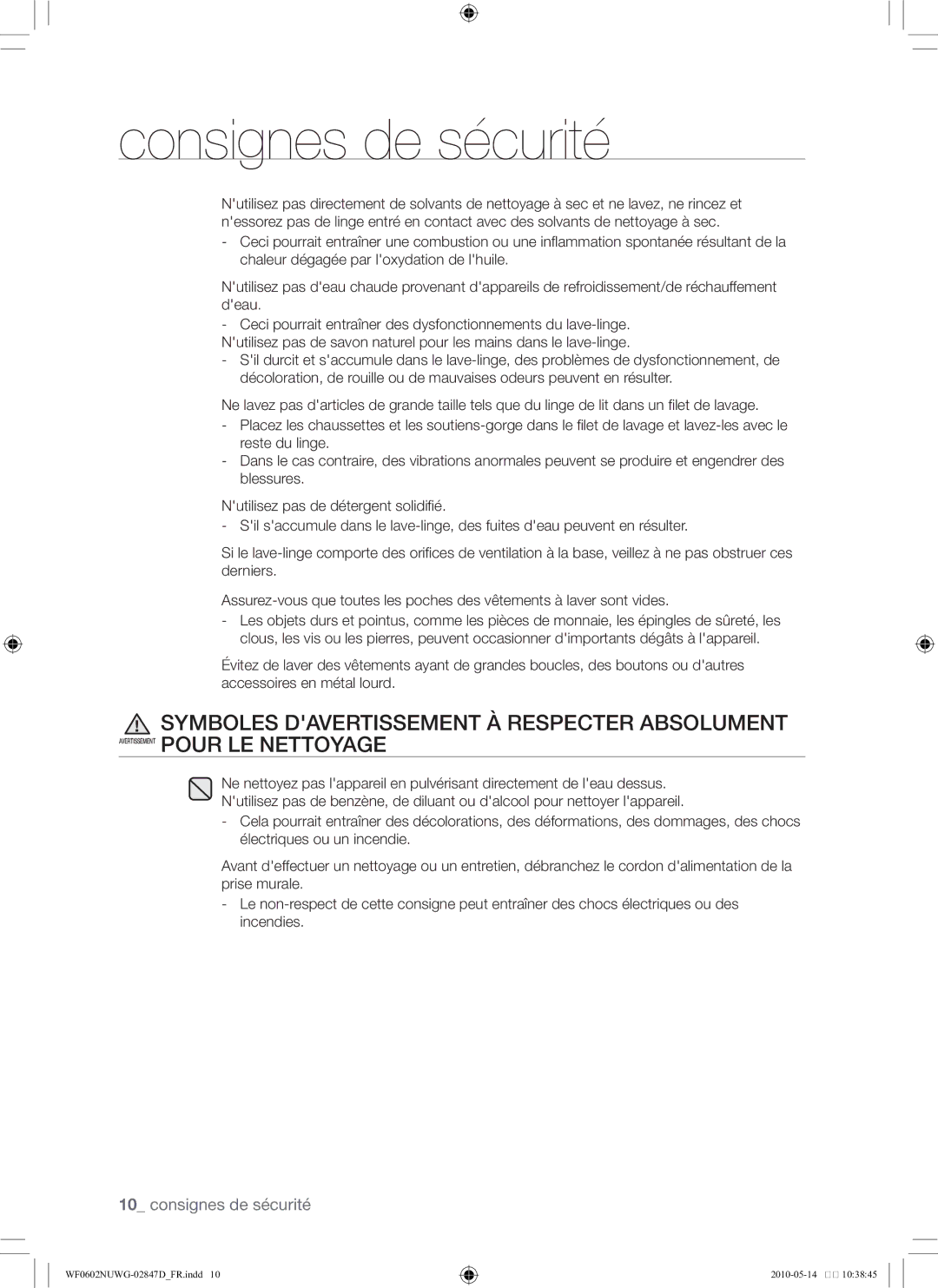 Samsung WF0602NUWG/XEF manual Consignes de sécurité 