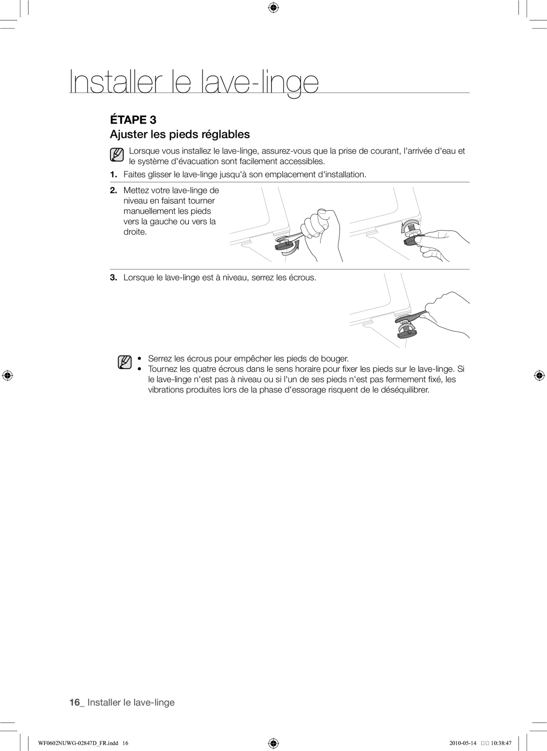 Samsung WF0602NUWG/XEF manual Ajuster les pieds réglables 