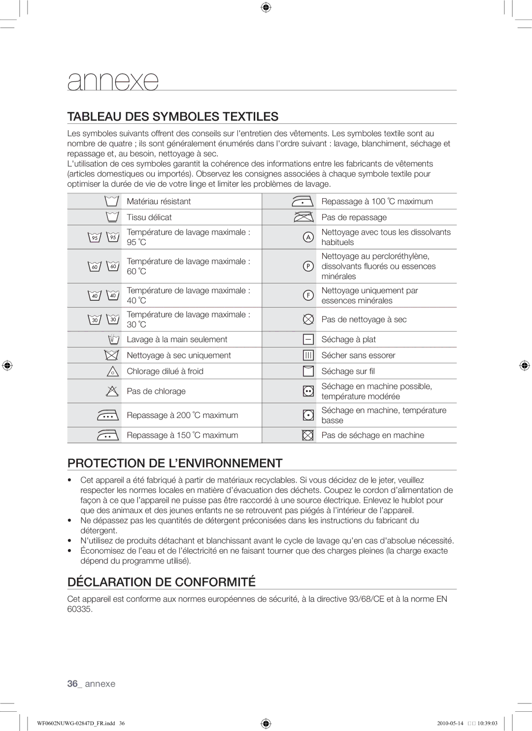 Samsung WF0602NUWG/XEF Annexe, Tableau des symboles textiles, Protection de l’environnement, Déclaration de conformité 