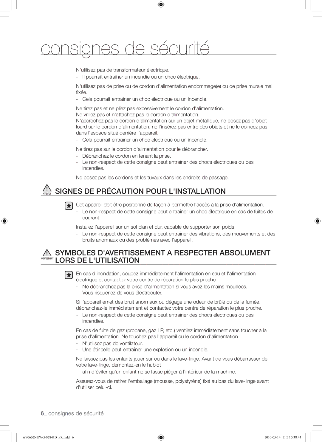 Samsung WF0602NUWG/XEF manual Consignes de sécurité 