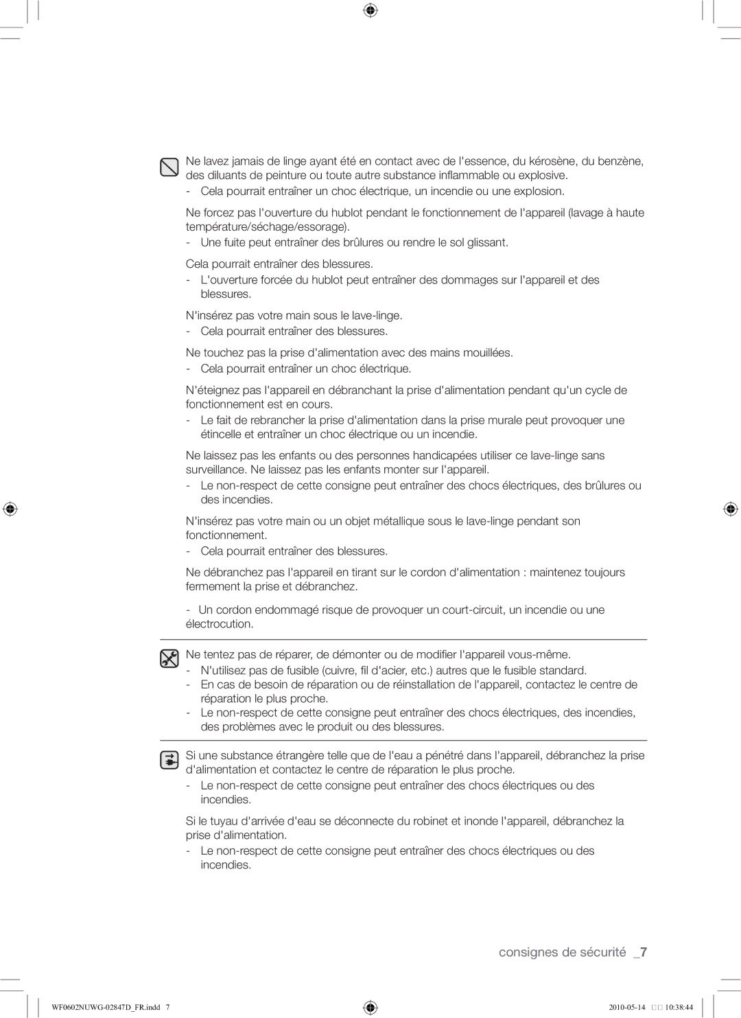 Samsung WF0602NUWG/XEF manual Consignes de sécurité 