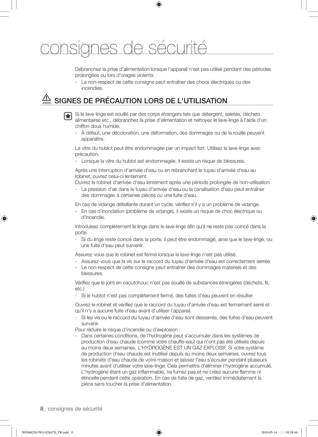 Samsung WF0602NUWG/XEF manual Consignes de sécurité 