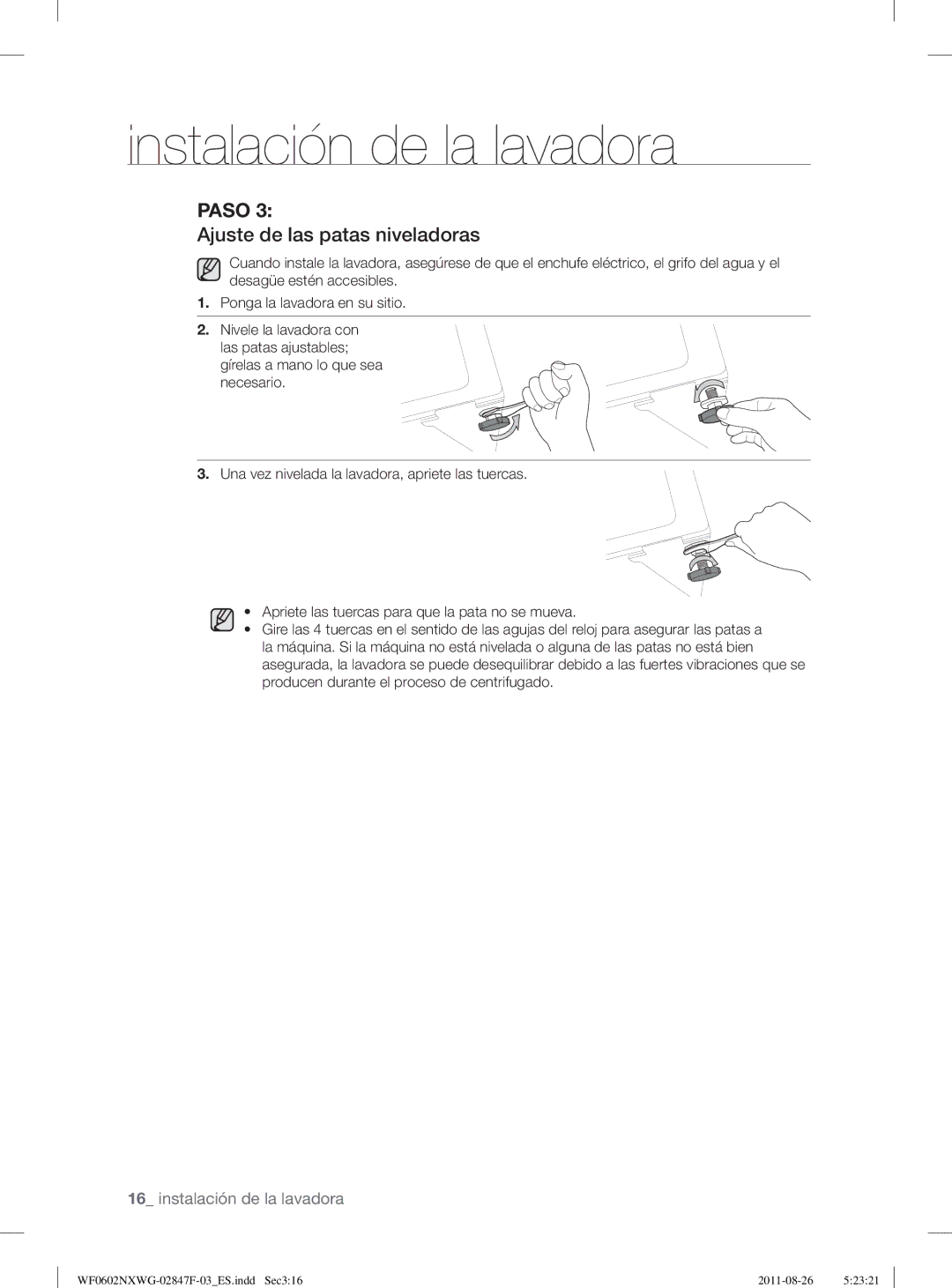 Samsung WF0602NXWG/XEC, WF0502NXWG/XEC manual Ajuste de las patas niveladoras 