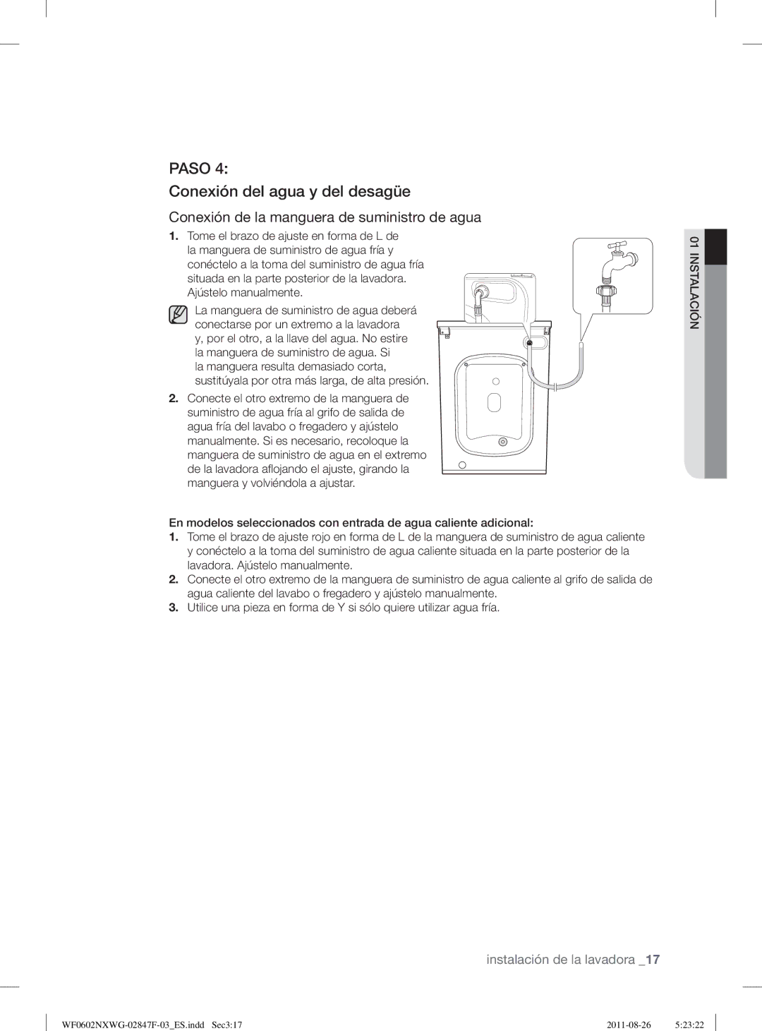 Samsung WF0502NXWG/XEC, WF0602NXWG/XEC manual Paso, Conexión del agua y del desagüe 