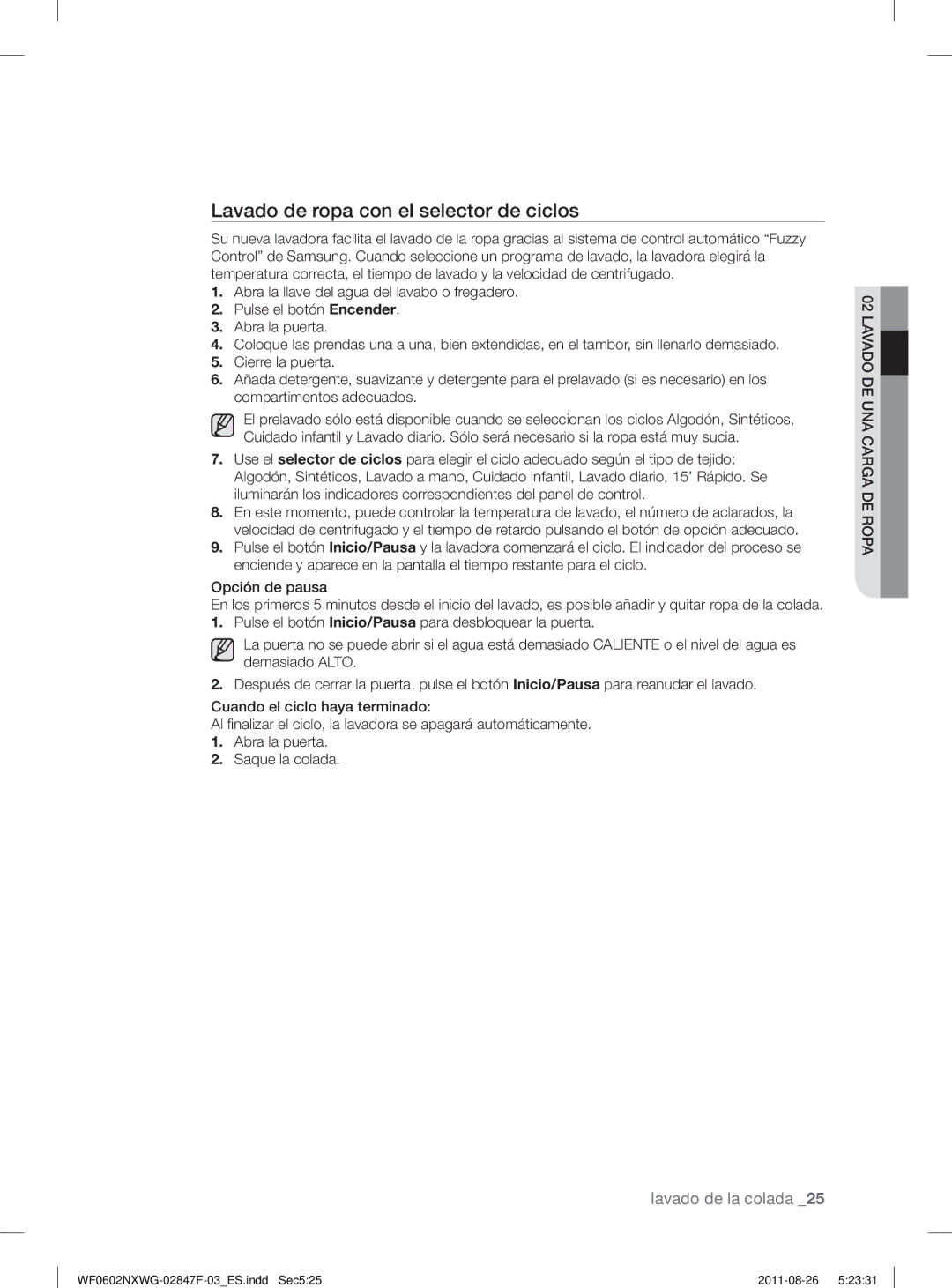 Samsung WF0502NXWG/XEC, WF0602NXWG/XEC manual Lavado de ropa con el selector de ciclos 