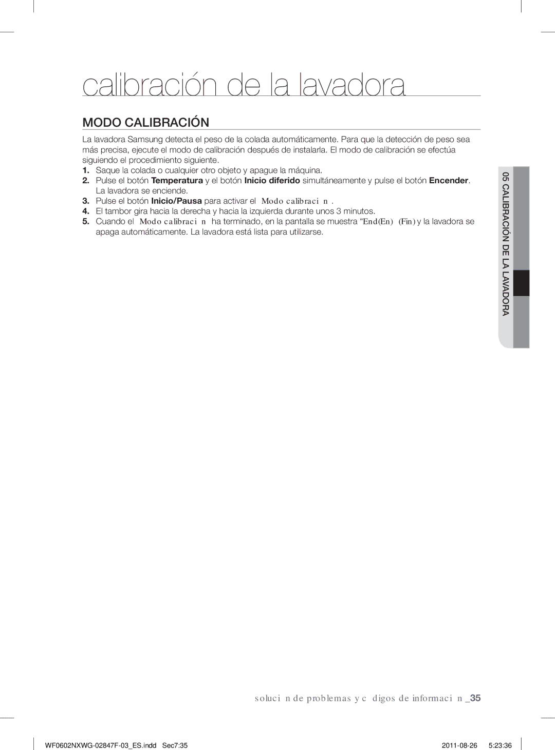 Samsung WF0502NXWG/XEC, WF0602NXWG/XEC manual Calibración de la lavadora, Modo Calibración 