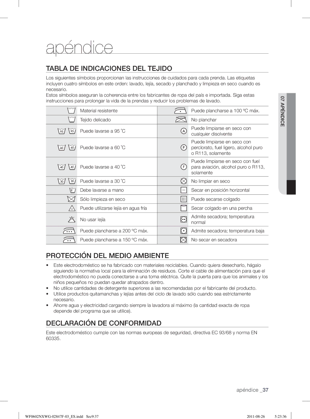 Samsung WF0502NXWG/XEC, WF0602NXWG/XEC manual Apéndice, Tabla DE Indicaciones DEL Tejido, Protección DEL Medio Ambiente 