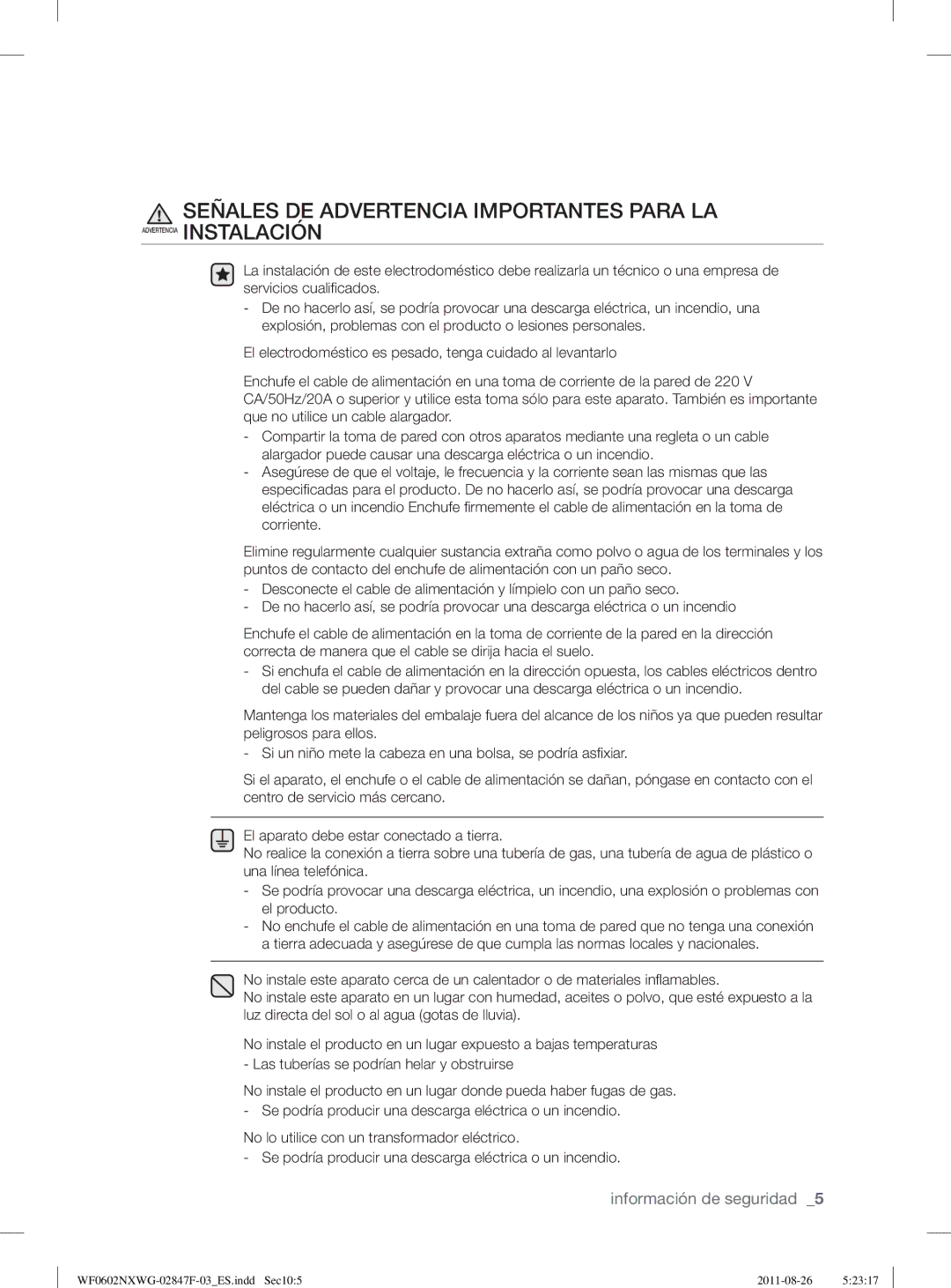 Samsung WF0502NXWG/XEC, WF0602NXWG/XEC manual Señales DE Advertencia Importantes Para LA 