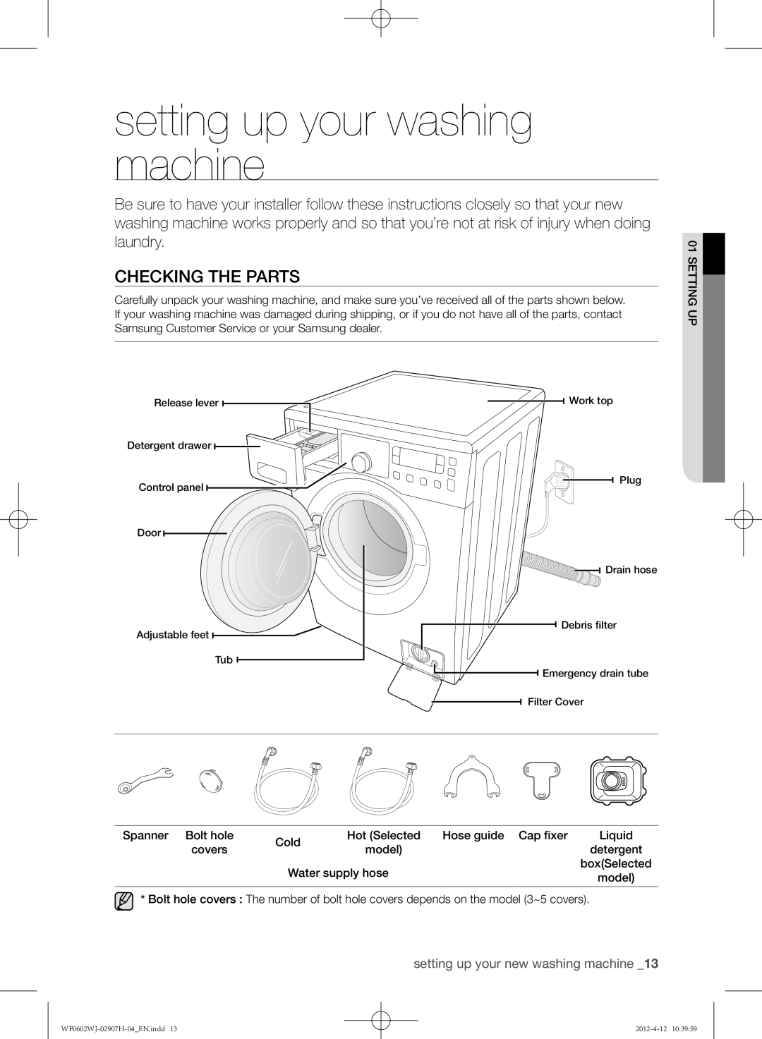 Samsung WF0602WJC/YLE manual Setting up your washing machine, Checking the parts, Detergent, Water supply hose BoxSelected 