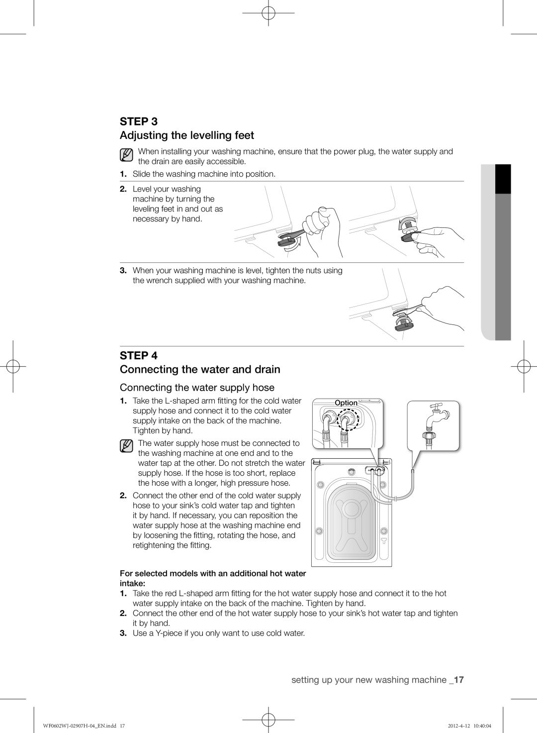 Samsung WF0602WJC/YLE manual Adjusting the levelling feet, Connecting the water and drain, Connecting the water supply hose 