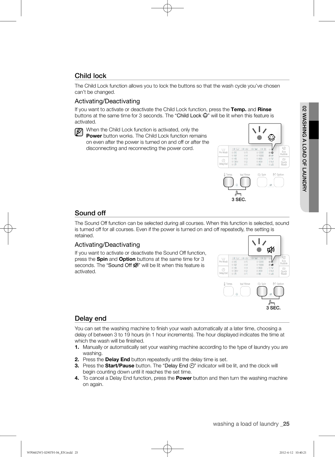 Samsung WF0602WJC/YLE manual Sound off, Activating/Deactivating 