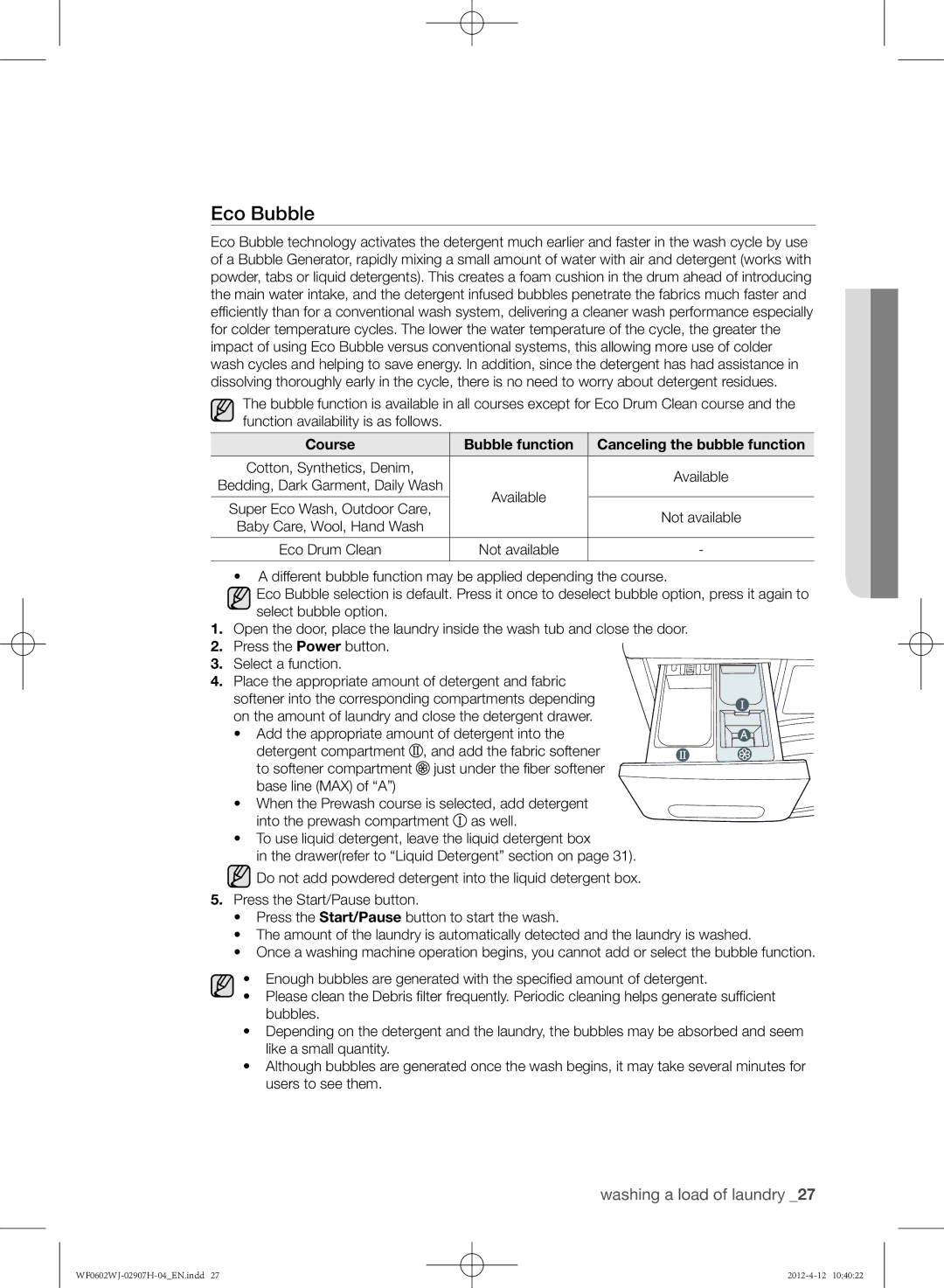 Samsung WF0602WJC/YLE manual Eco Bubble, Course Bubble function Canceling the bubble function 