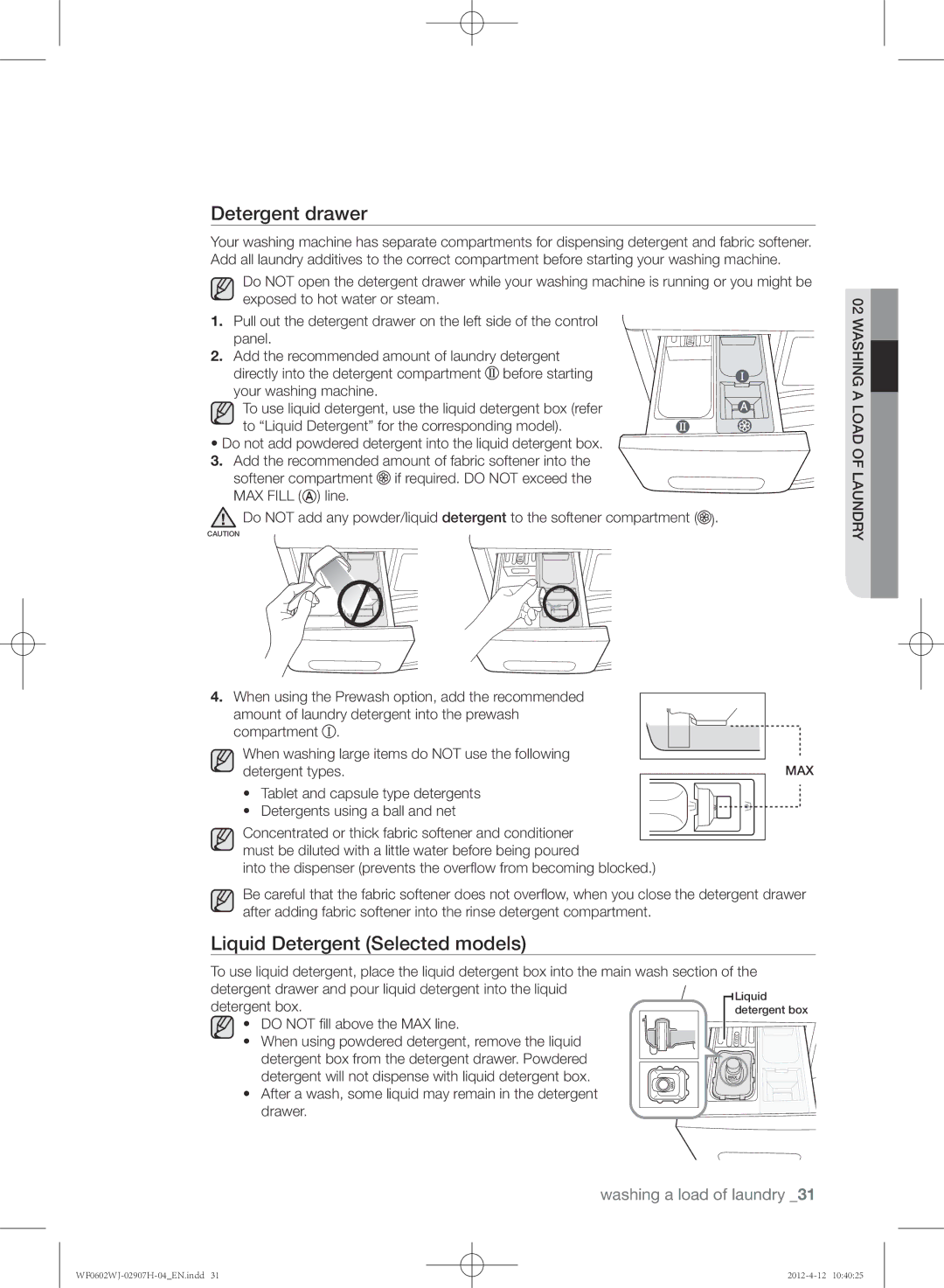 Samsung WF0602WJC/YLE manual Detergent drawer, Liquid Detergent Selected models 