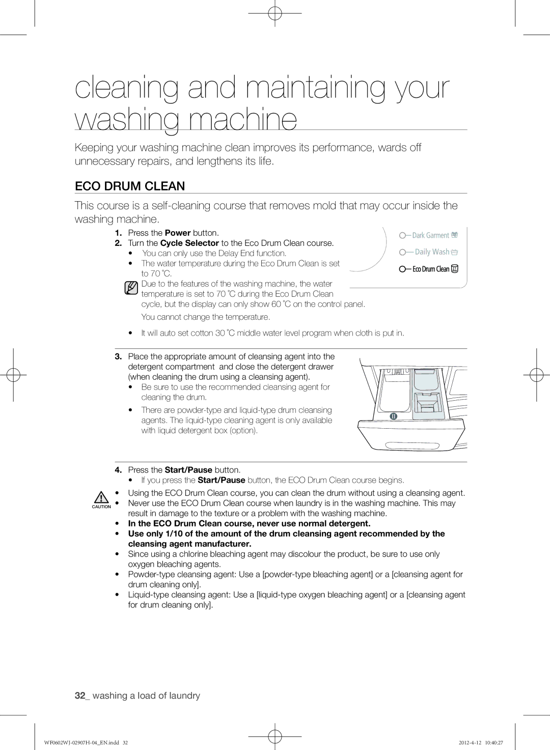 Samsung WF0602WJC/YLE manual Cleaning and maintaining your washing machine, ECO Drum Clean 