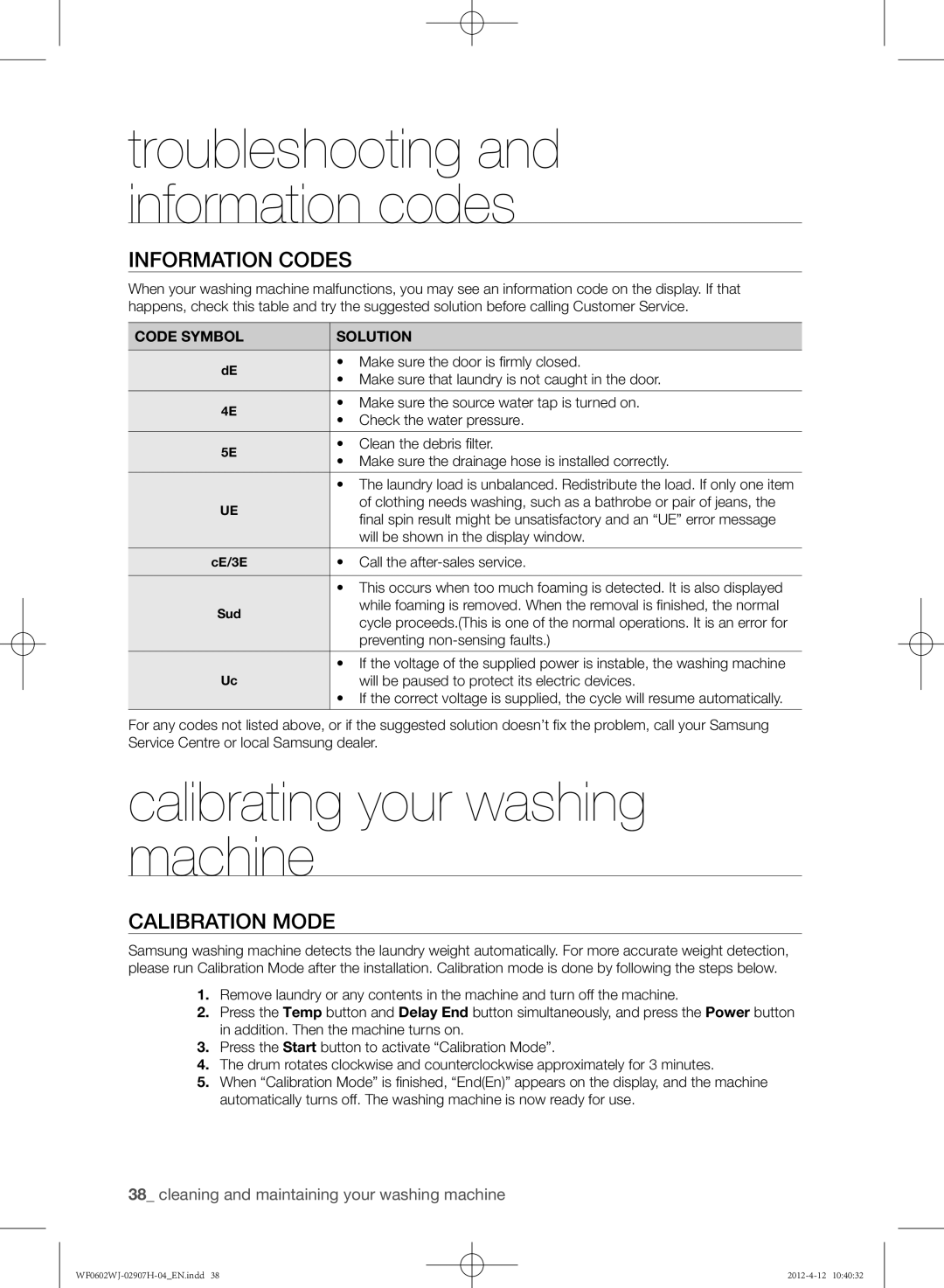 Samsung WF0602WJC/YLE manual Calibrating your washing machine, Information codes, Calibration mode, Code Symbol Solution 