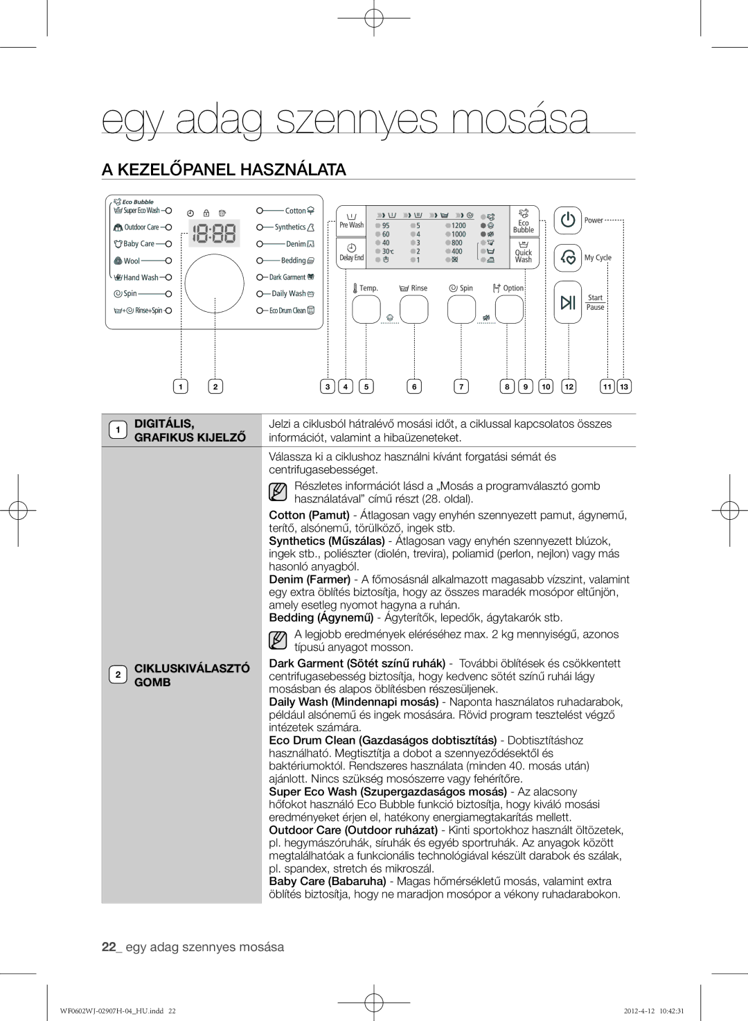 Samsung WF0602WJC/YLE manual Kezelőpanel használata, Digitális, Grafikus Kijelző, Információt, valamint a hibaüzeneteket 