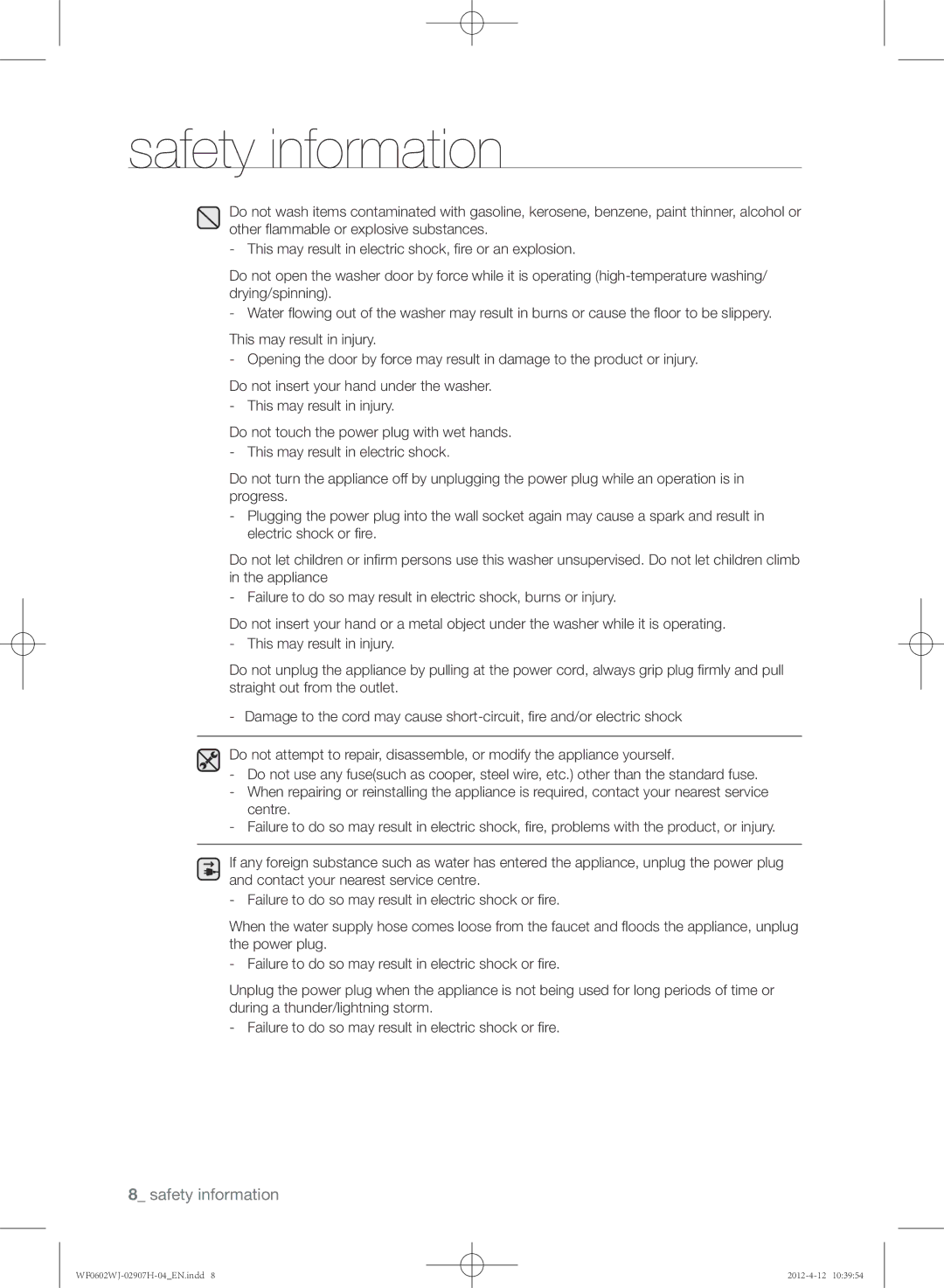 Samsung WF0602WJC/YLE manual Safety information 