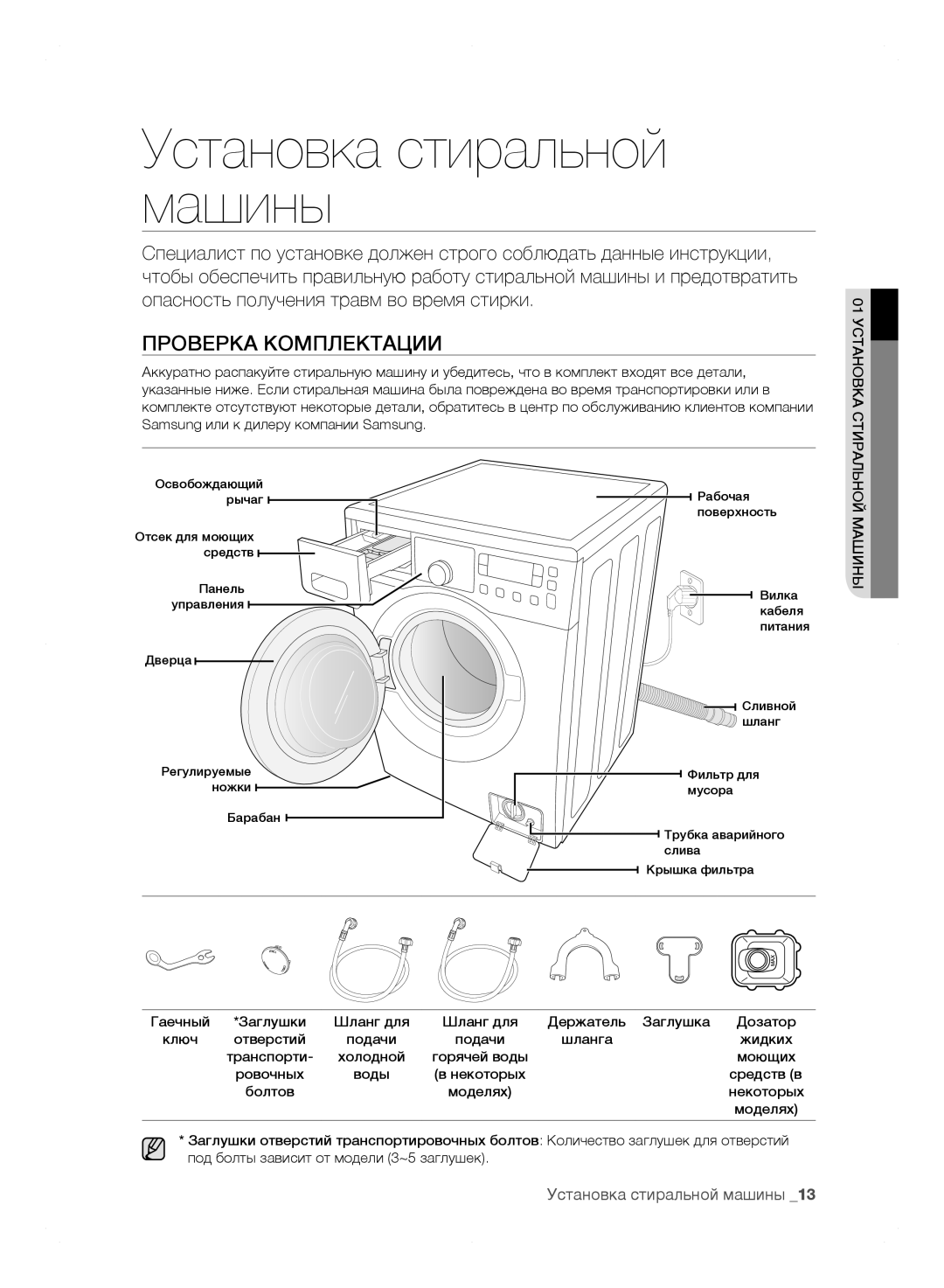 Samsung WF0602WJW/YLP, WF0602WJWDYLP manual Установка стиральной машины, Проверка Комплектации, Машины 