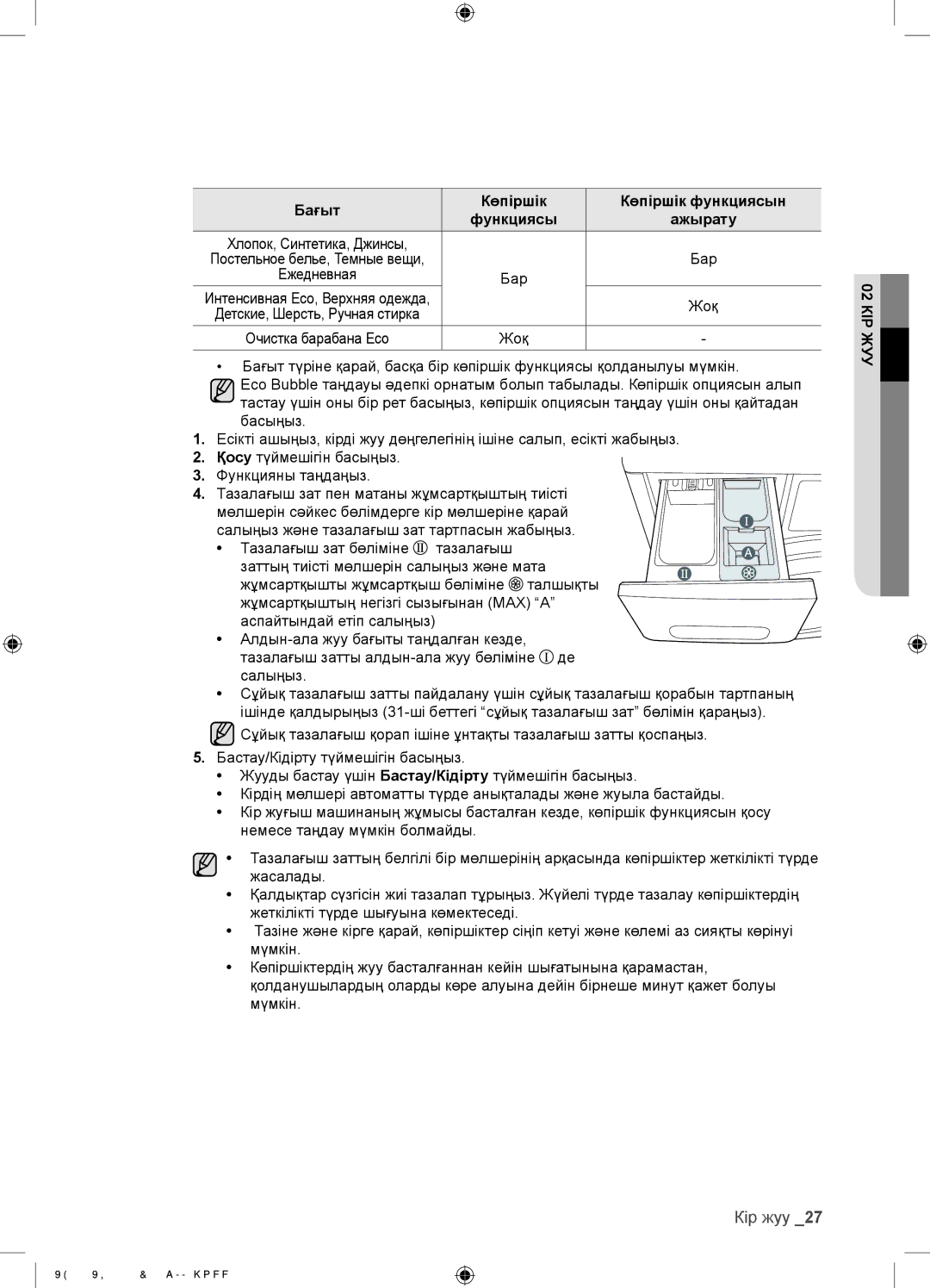 Samsung WF0702WJW/YLP, WF0602WJWDYLP, WF0602WJW/YLP manual Бағыт Көпіршік Көпіршік функциясын Функциясы Ажырату, Бар, Жоқ 