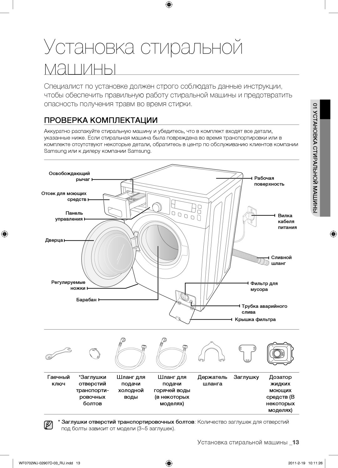 Samsung WF0702WJW/YLP, WF0602WJWDYLP, WF0602WJW/YLP manual Установка стиральной машины, Проверка Комплектации, Машины 