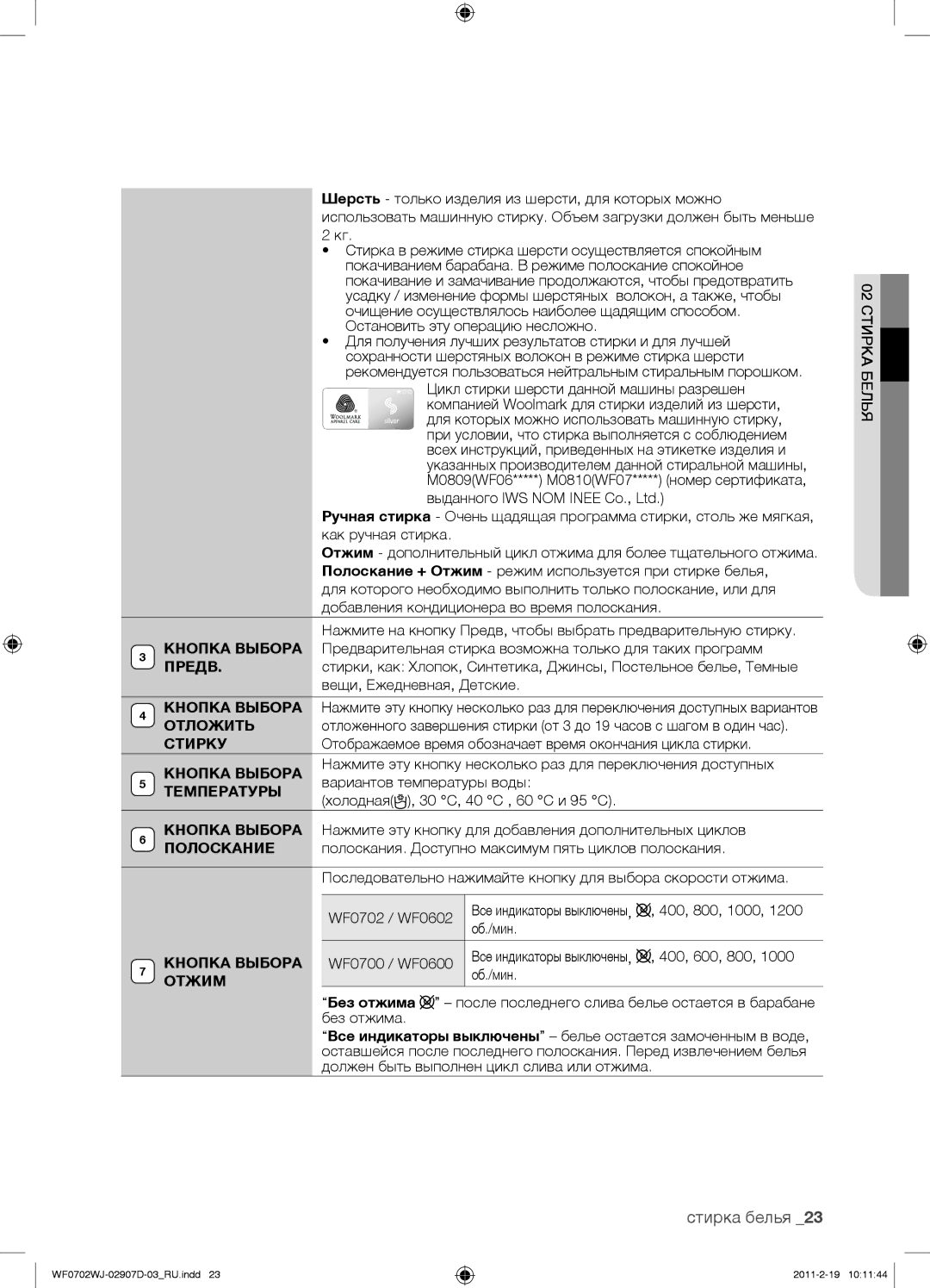 Samsung WF0602WJW/YLP, WF0602WJWDYLP, WF0702WJW/YLP manual Стирку, Кнопка Выбора, Температуры, Полоскание 