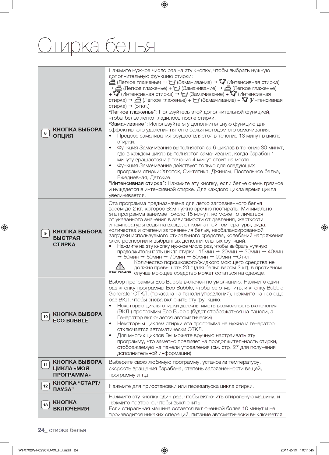 Samsung WF0602WJWDYLP, WF0702WJW/YLP, WF0602WJW/YLP manual 24 стирка белья 