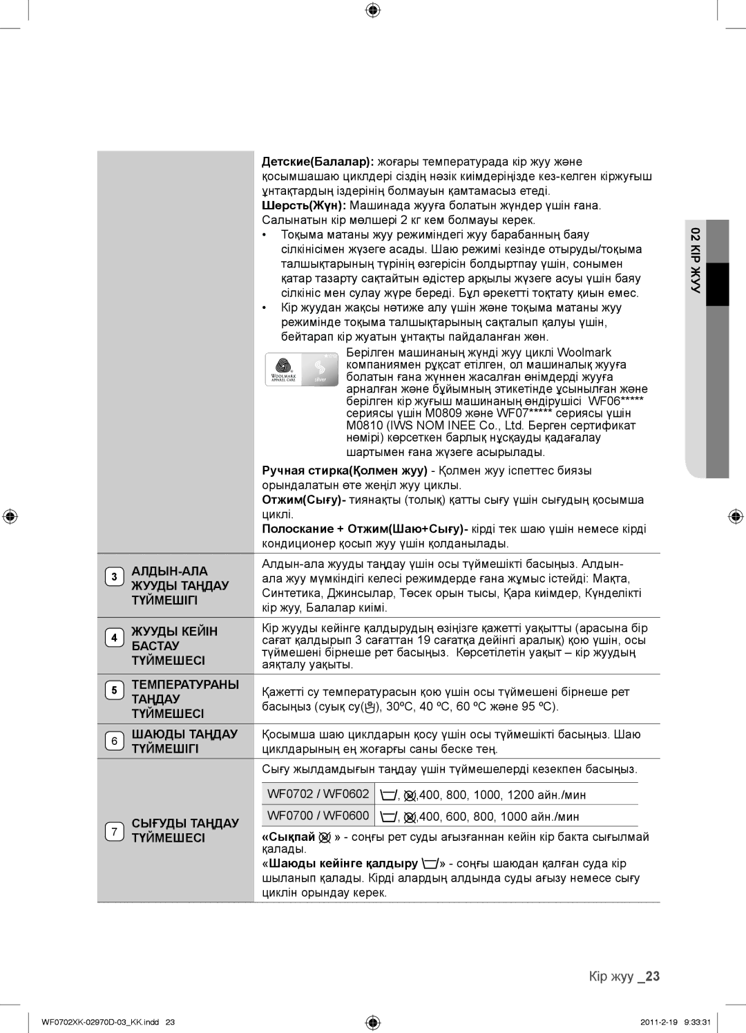 Samsung WF0702WKV/YLP manual Алдын-Ала, Жууды Таңдау, Түймешігі, Жууды Кейін, Бастау, Температураны, Таңдау Түймешесі 