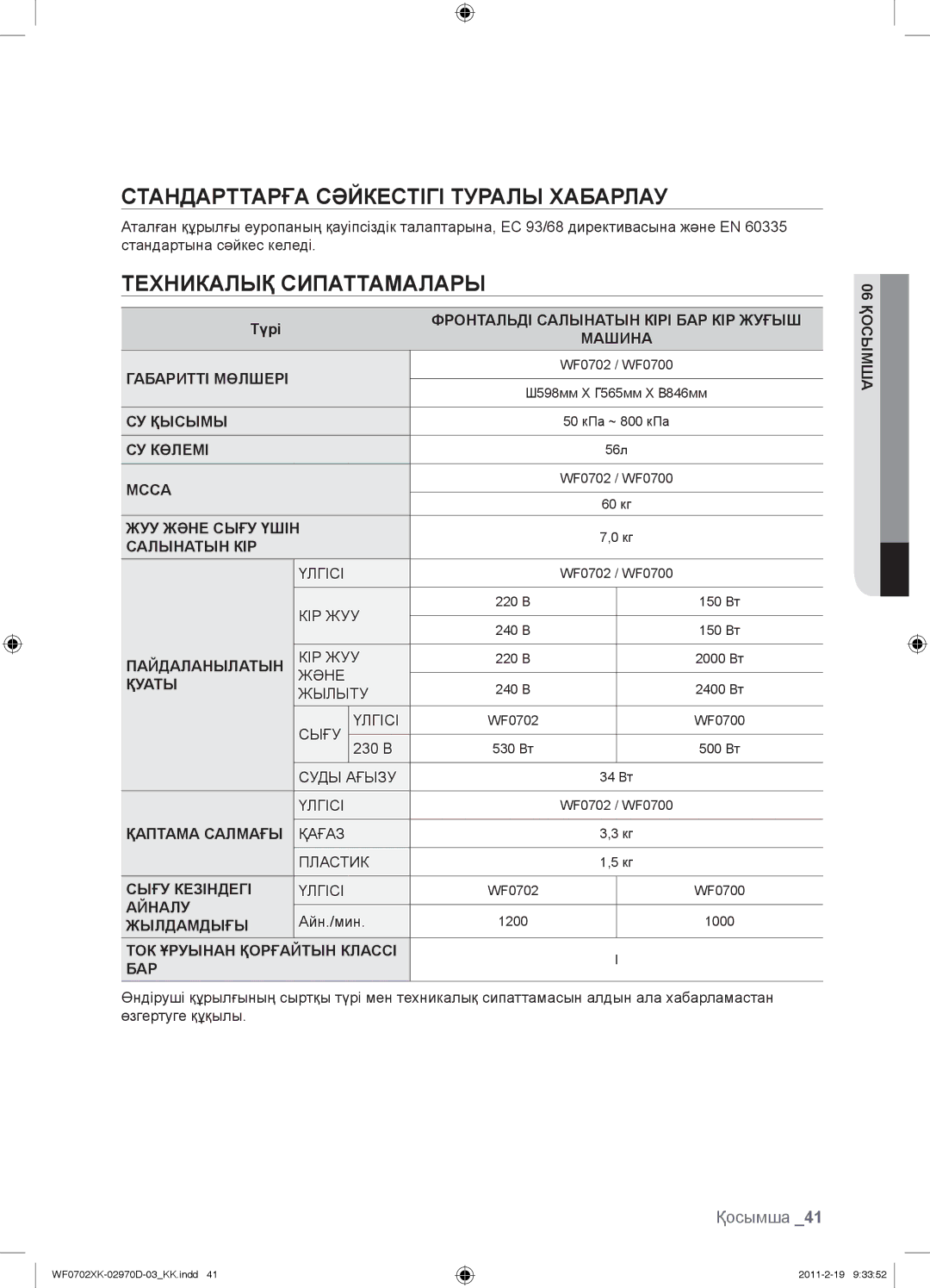 Samsung WF0702WKV/YLP, WF0602WKE/YLP manual Стандарттарға Сəйкестігі Туралы Хабарлау, Техникалық Сипаттамалары, Қосымша 