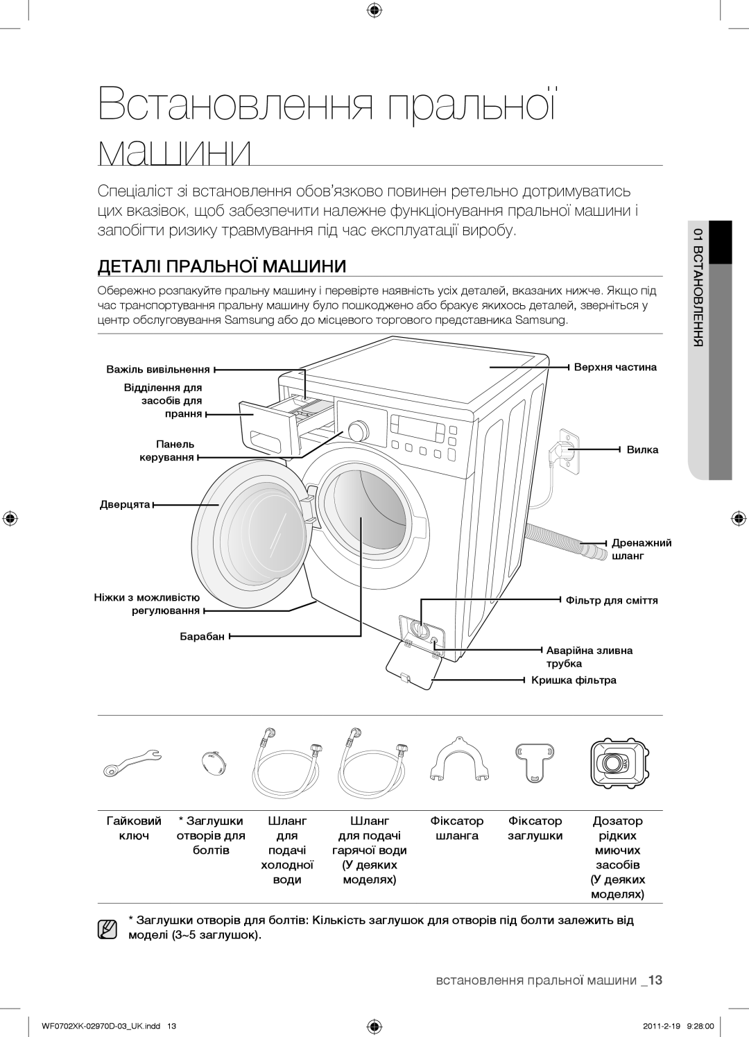 Samsung WF0702WKV/YLP, WF0602WKE/YLP, WF0602WKN/YLP Встановлення пральної машини, Деталі Пральної Машини, 01 Встановлення 