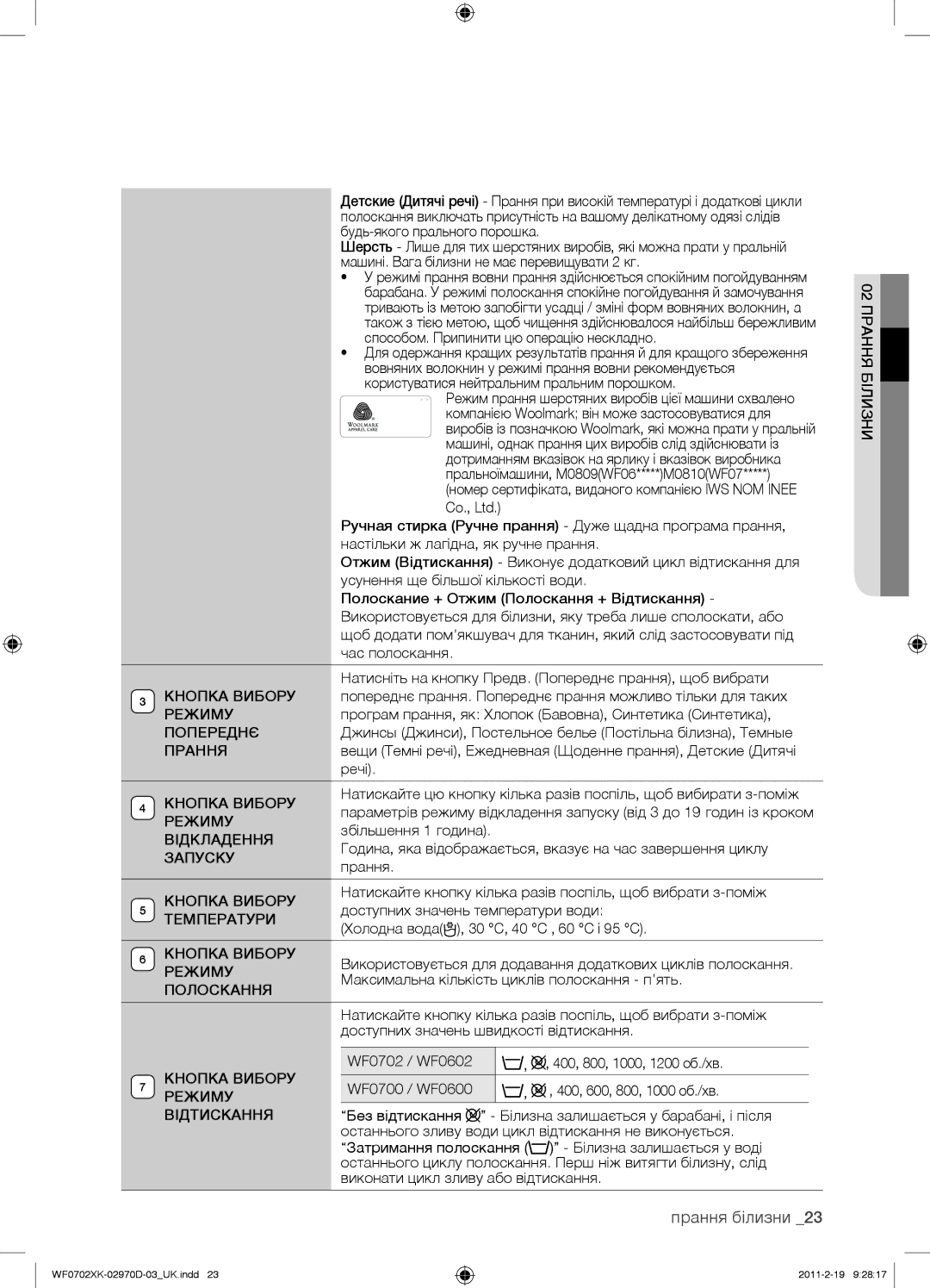 Samsung WF0702WKVDYLP manual Режиму, Попереднє, Прання, Кнопка Вибору, Відкладення, Запуску, Температури, Полоскання 