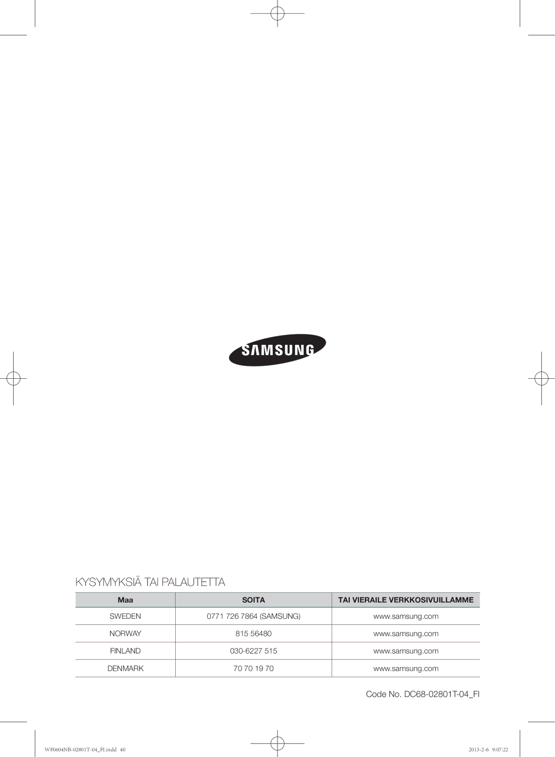 Samsung WF0604NBE/XEE, WF0604NBW/XEE manual Kysymyksiä TAI Palautetta, Code No. DC68-02801T-04FI 