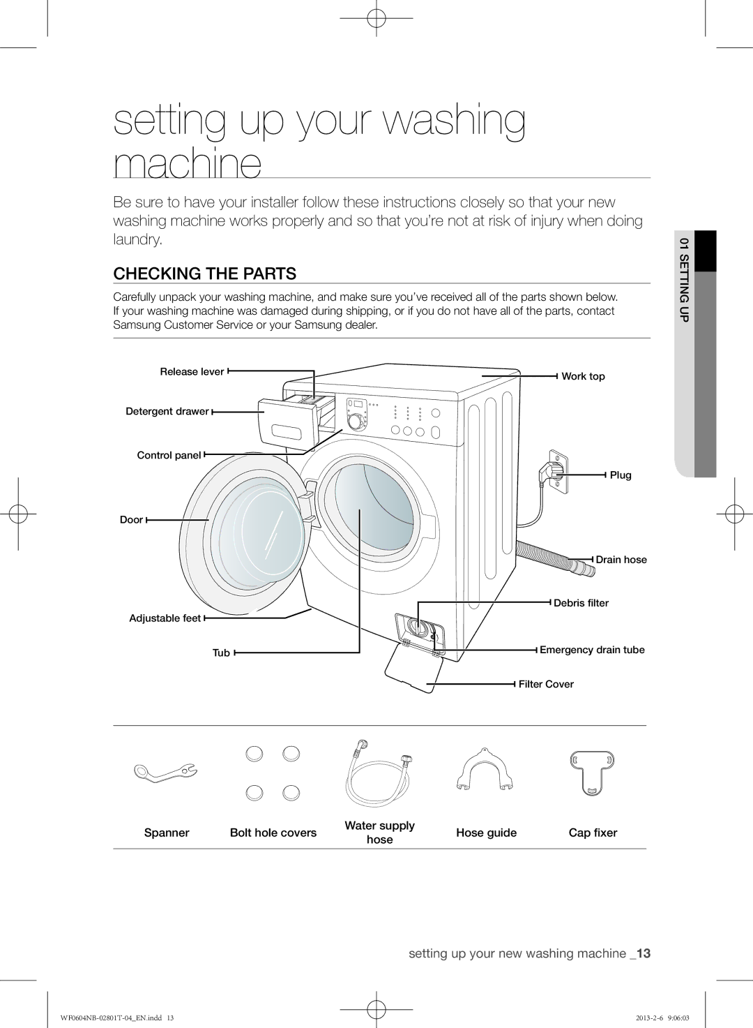 Samsung WF0604NBW/XEE, WF0604NBE/XEE manual Setting up your washing machine, Checking the parts 